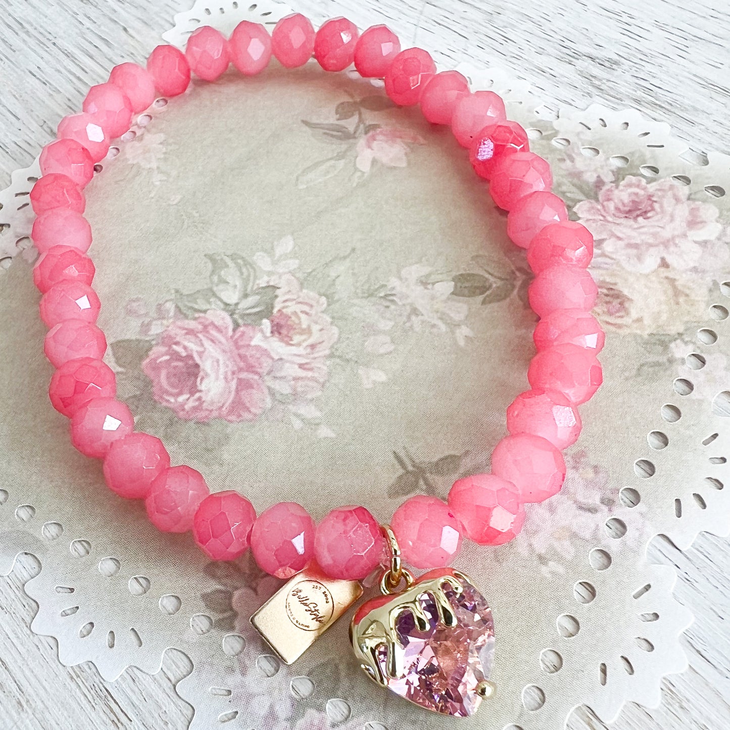 Drippy Strawberry Charm Rose Quartz 14KTGF Bracelet