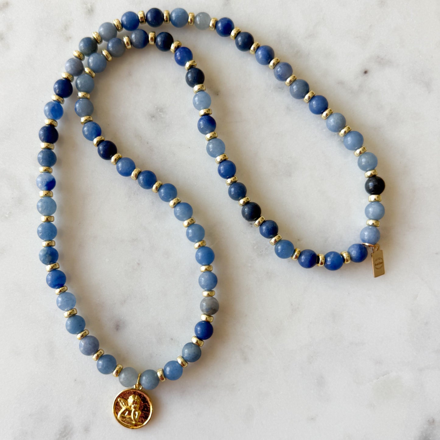 Sistine Chapel Gold Angelface Charm Blue Chalcedony Semi-Precious Stone Necklace