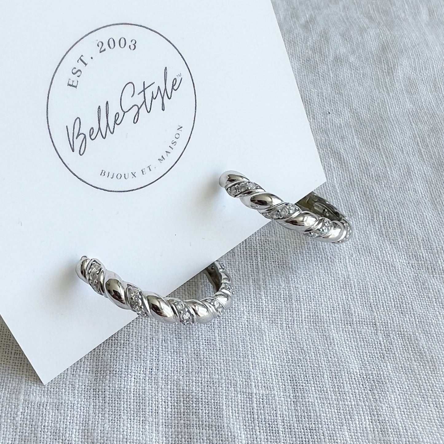 Hepburn Gold Twist Design Pave Crystal Medium Hoop 925 Earrings