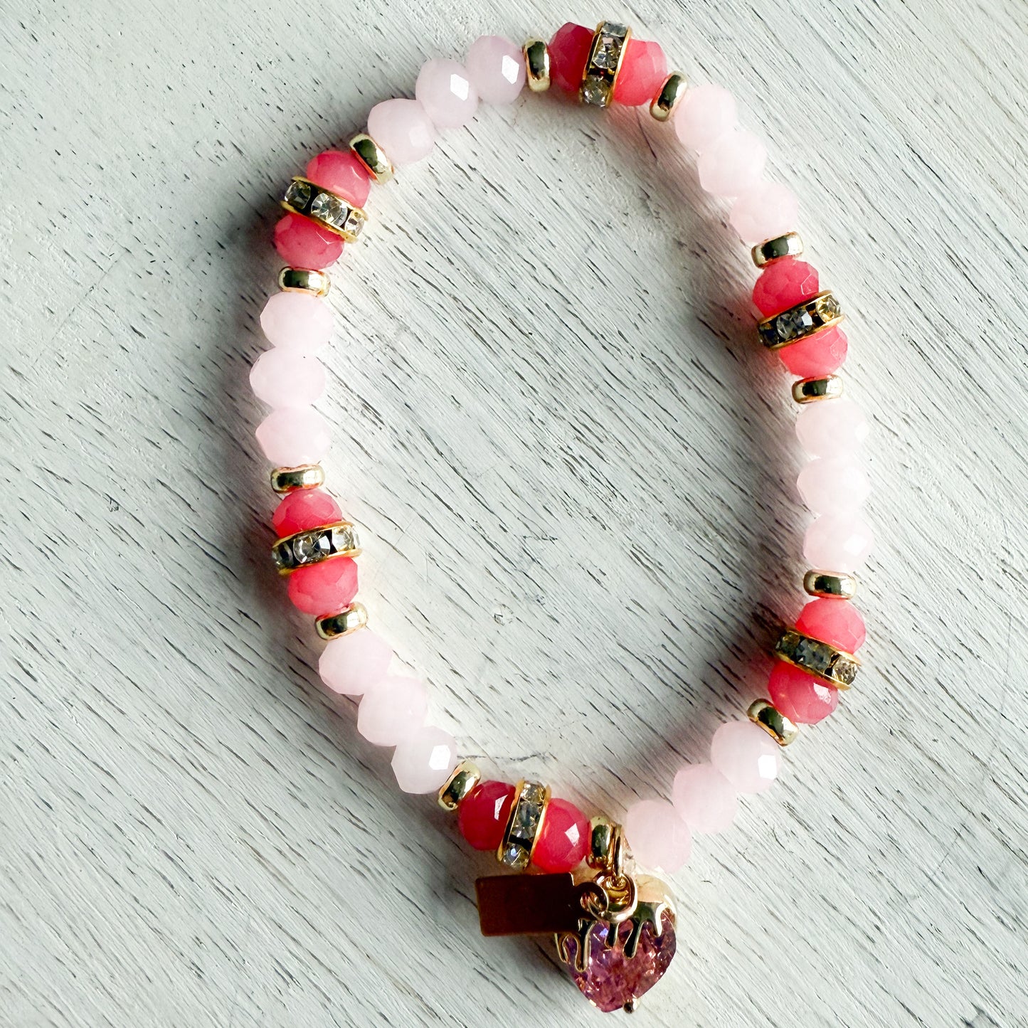 Drippy Strawberry Charm Rose Quartz 14KTGF Bracelet