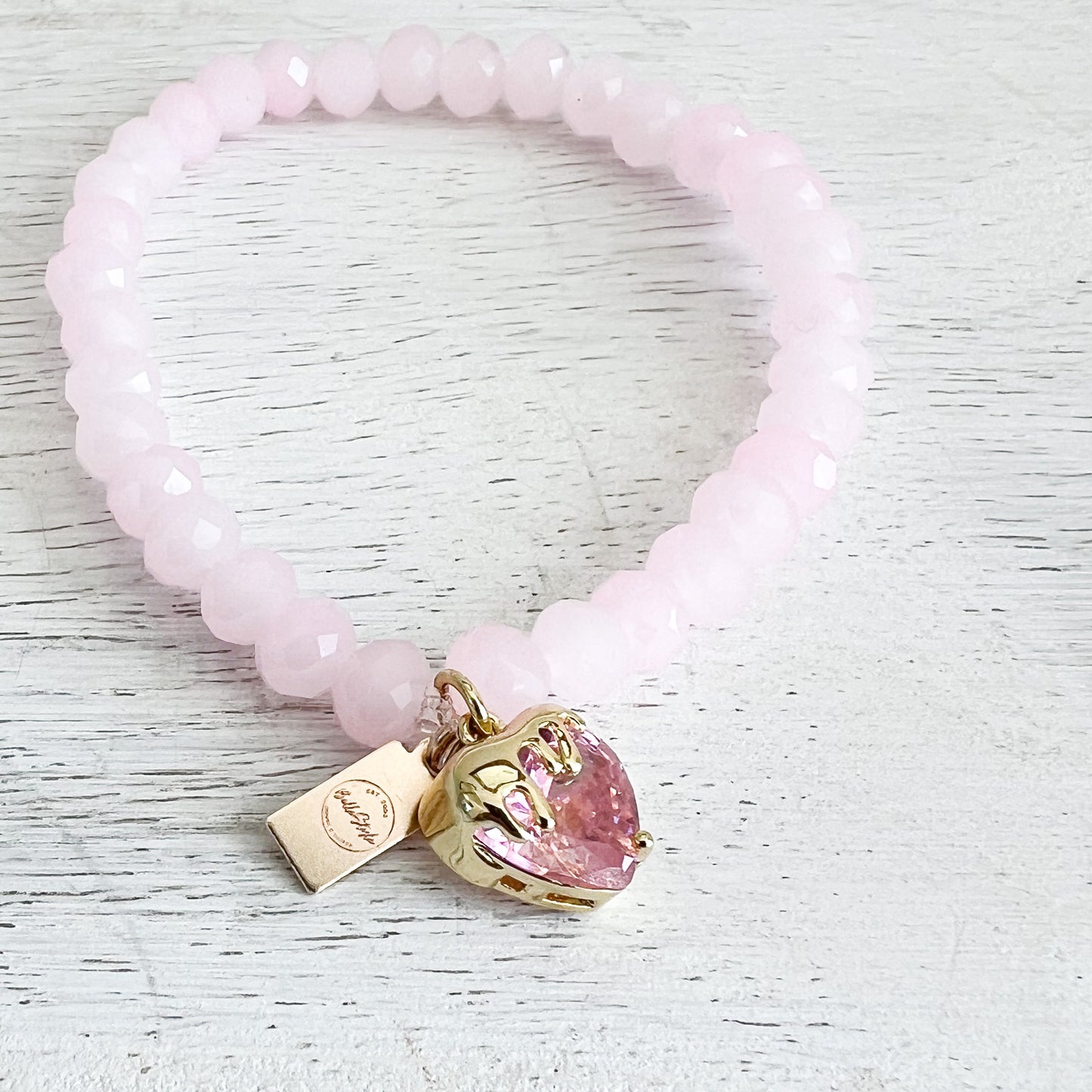 Drippy Strawberry Charm Rose Quartz 14KTGF Bracelet