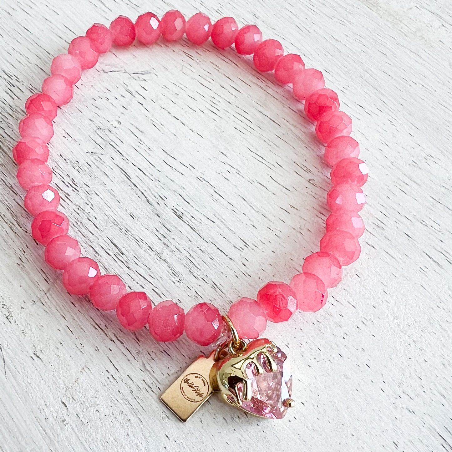 Drippy Strawberry Charm Rose Quartz 14KTGF Bracelet