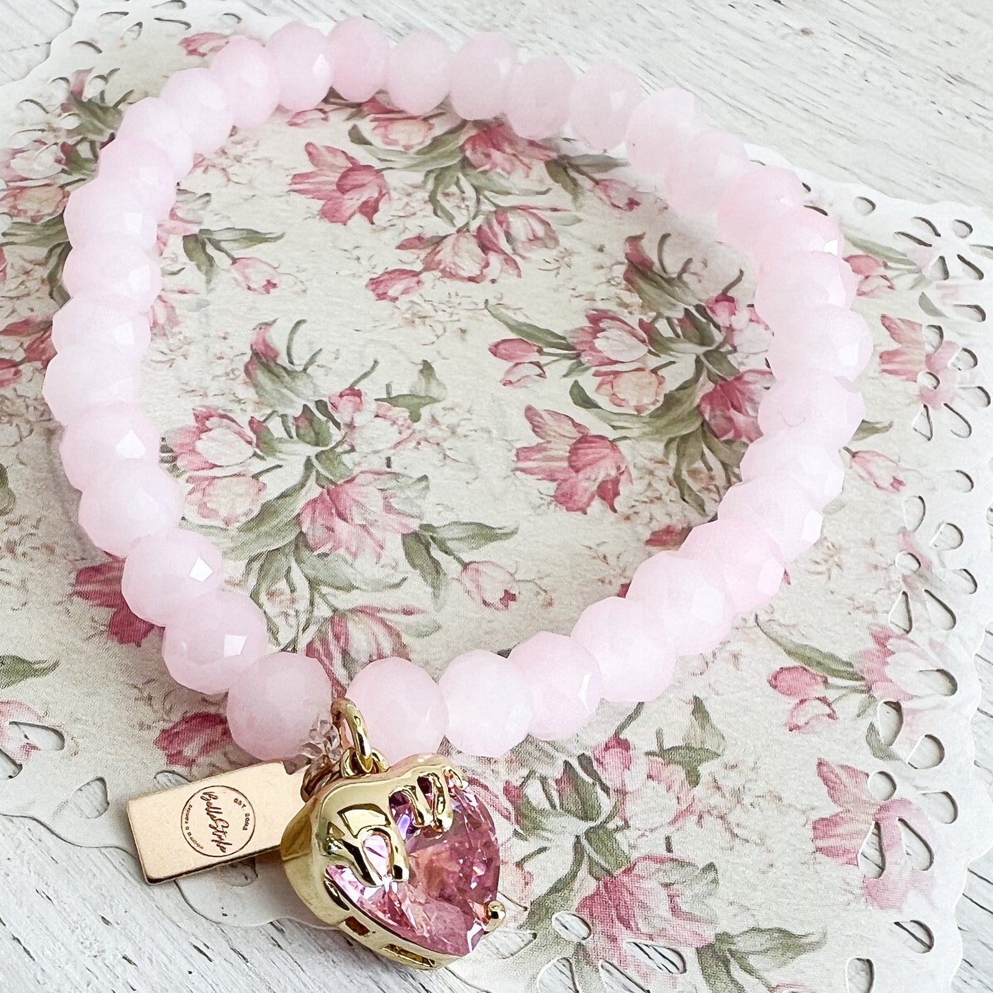 Drippy Strawberry Charm Rose Quartz 14KTGF Bracelet