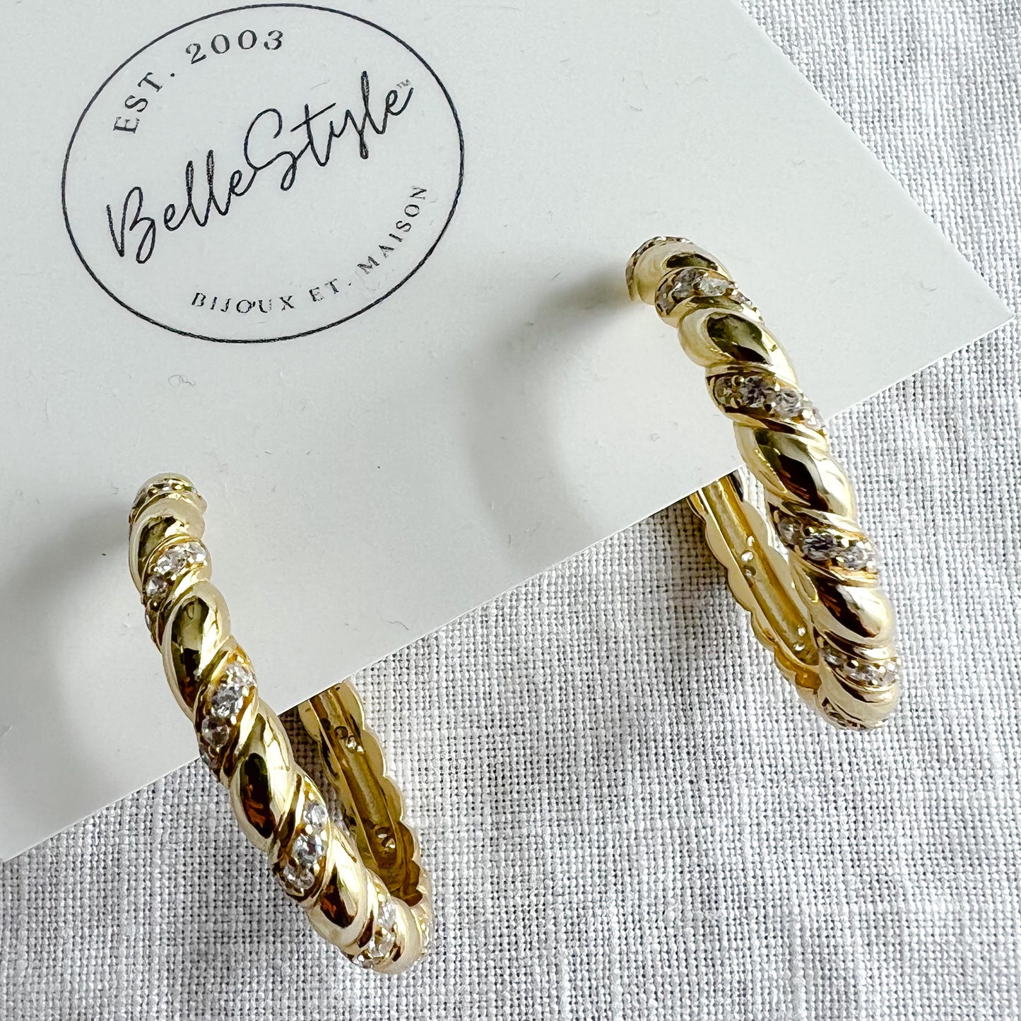 Hepburn Gold Twist Design Pave Crystal Medium Hoop Earrings - BelleStyle
