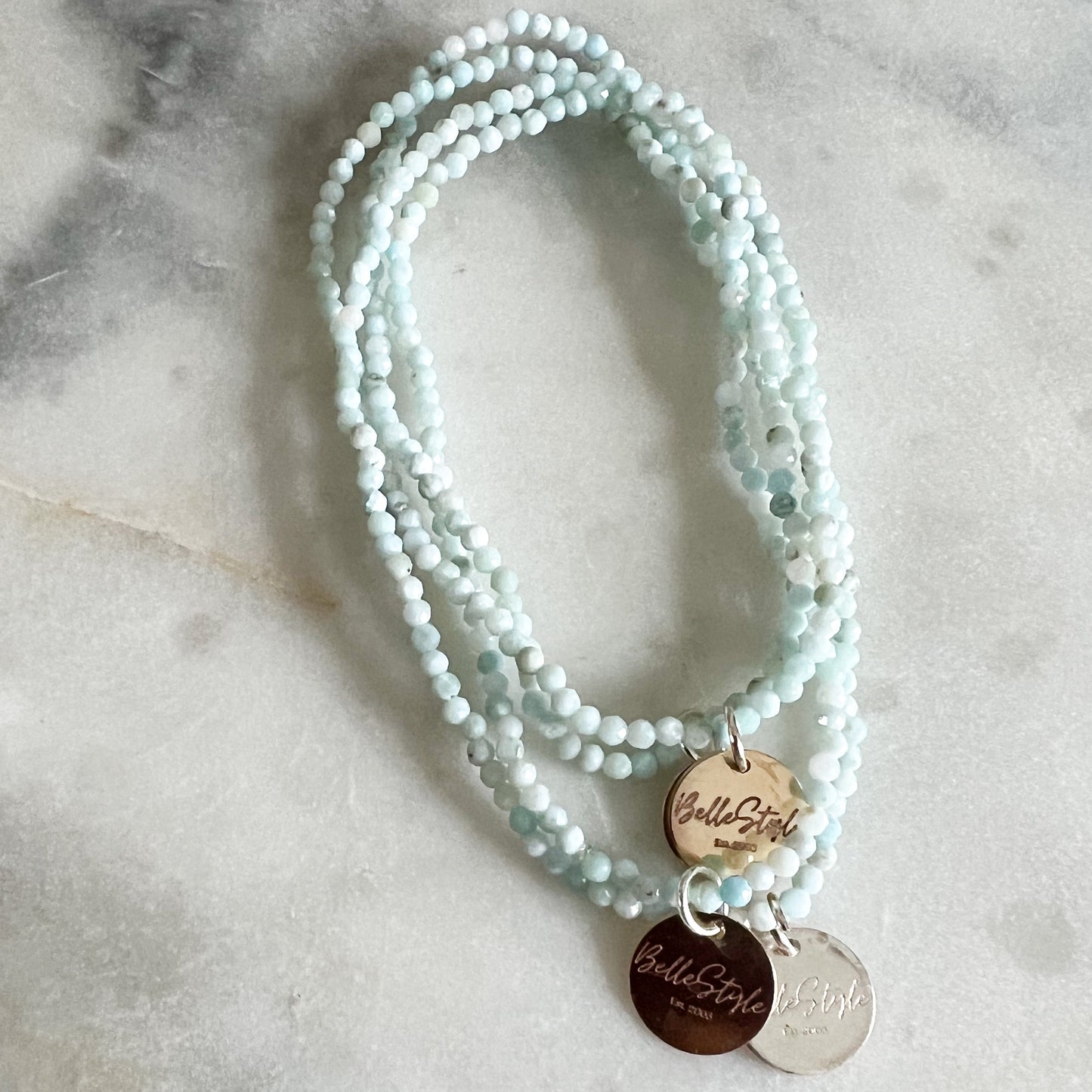 Micro Faceted Larimar Semi-Precious Stone Logo Bracelet - BelleStyle