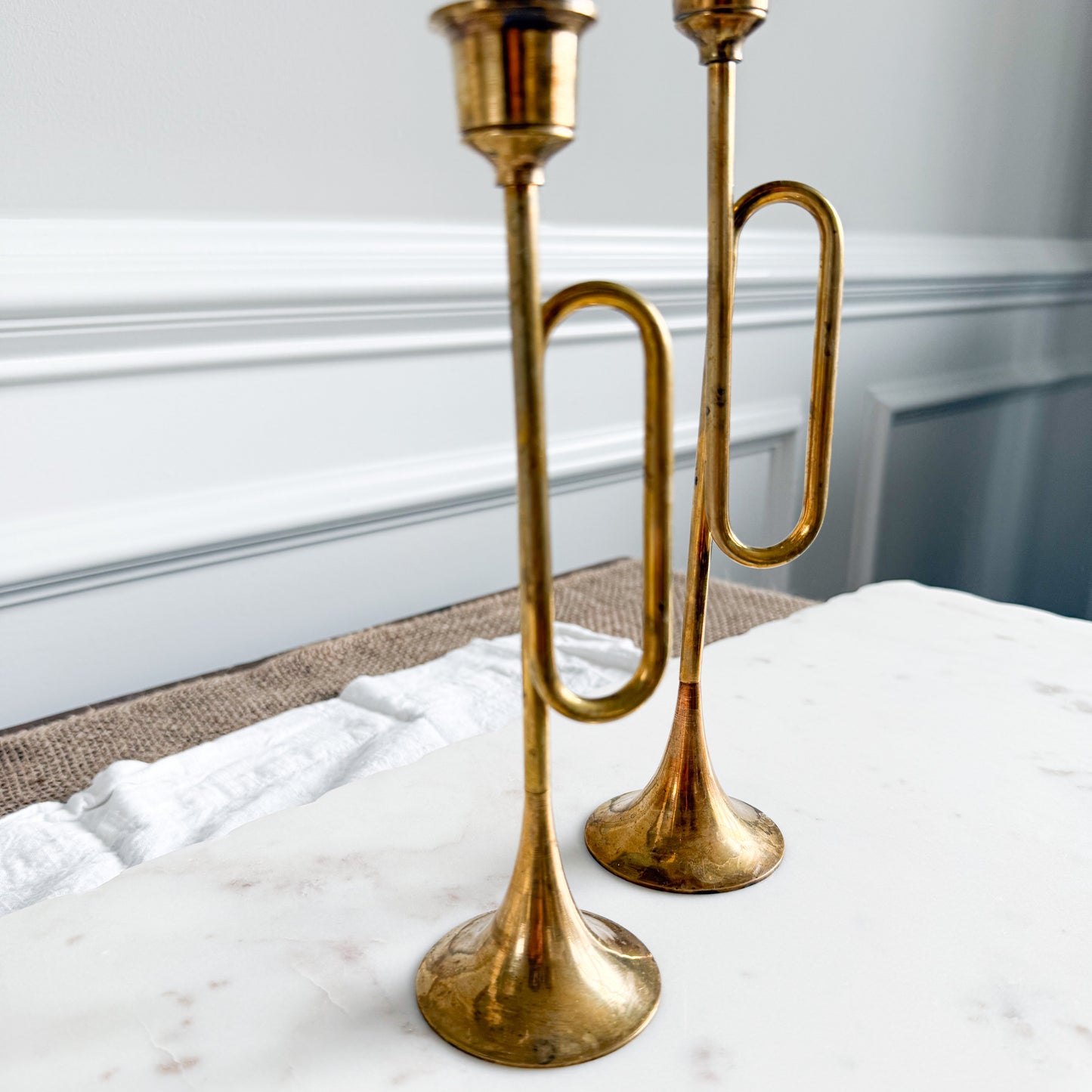 BelleStyle Vintage Brass Trumpet Candle Holders Set of 2