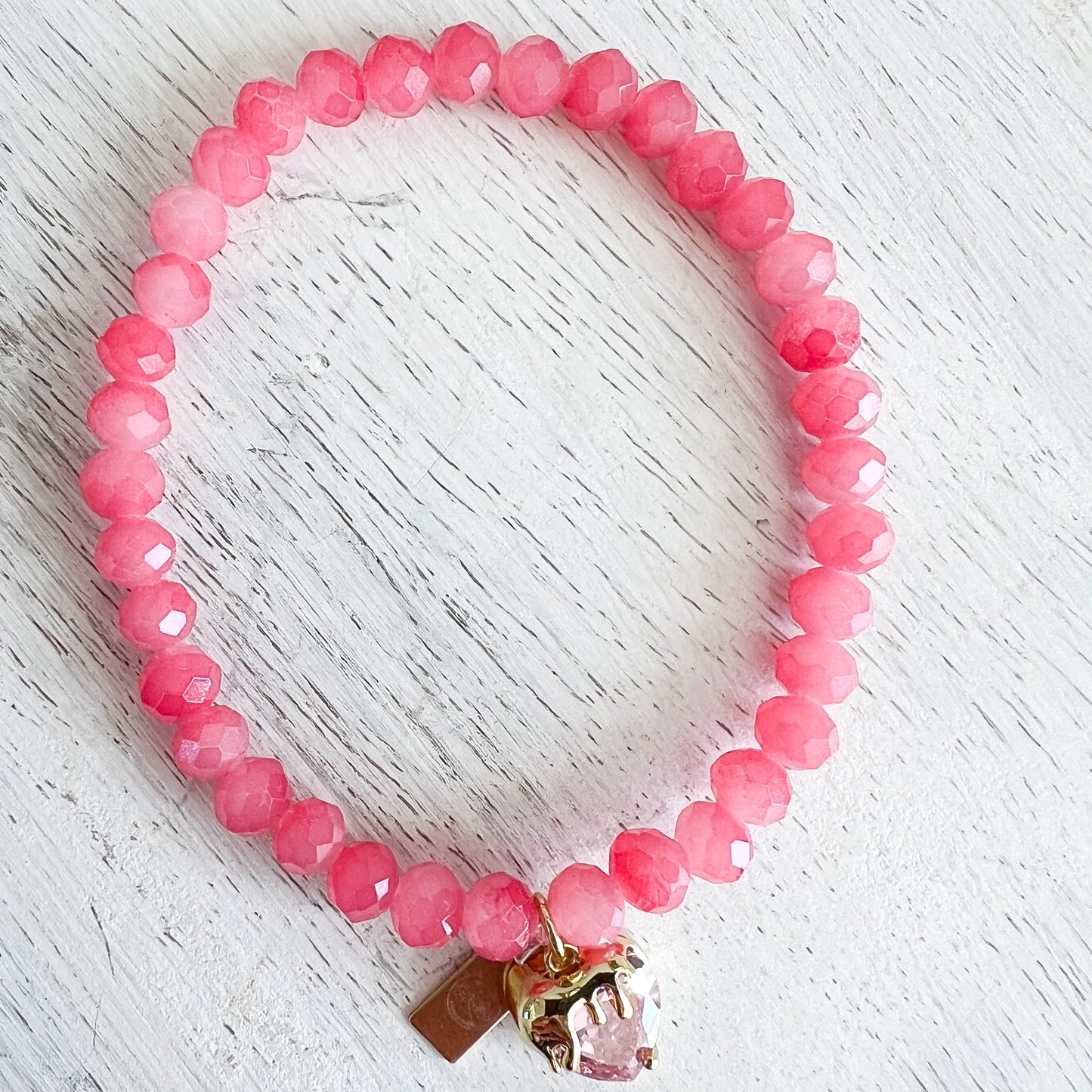 Drippy Strawberry Charm Rose Quartz 14KTGF Bracelet