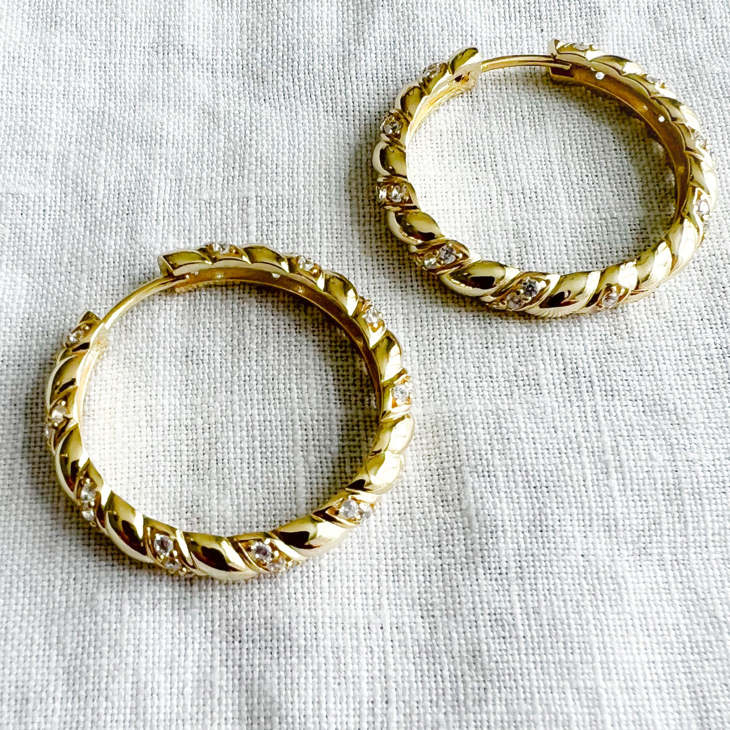 Hepburn Gold Twist Design Pave Crystal Medium Hoop Earrings - BelleStyle