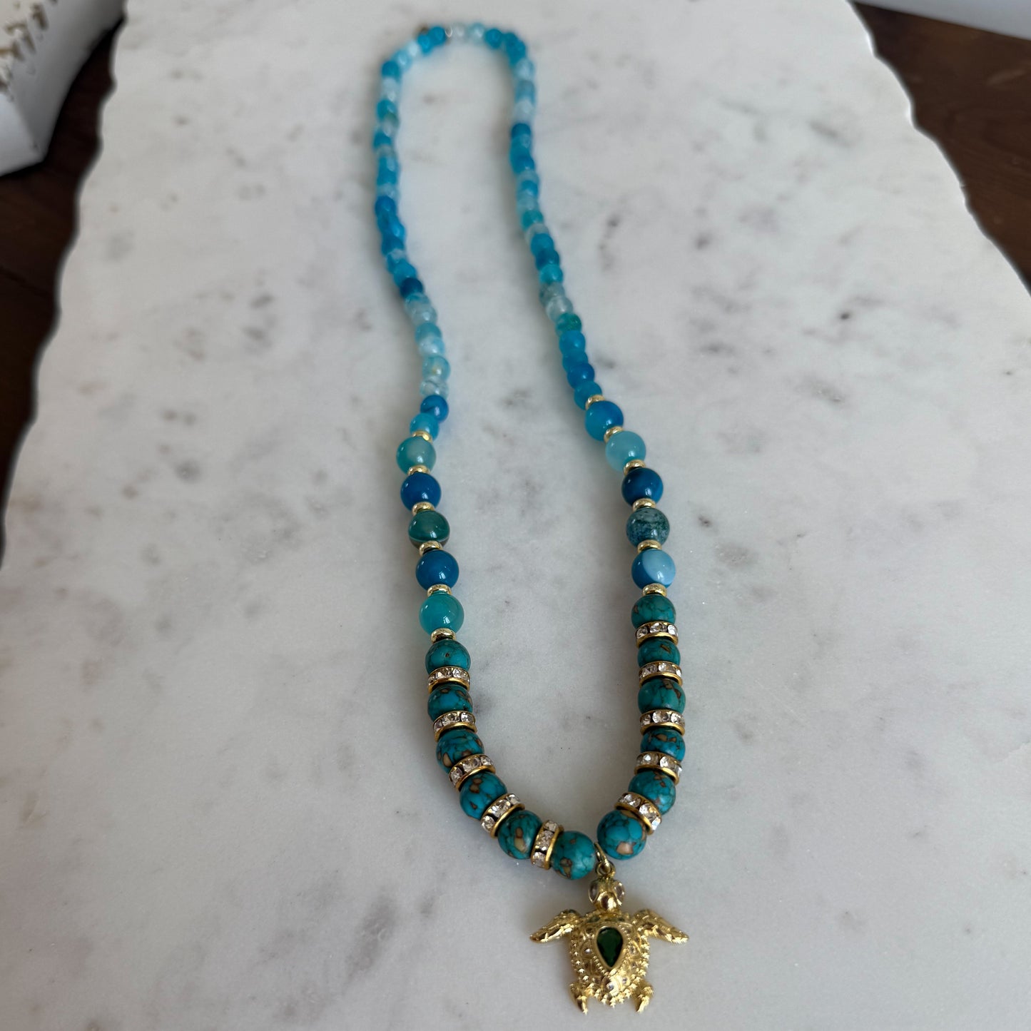 Atlantis Emerald Green Crystal Gold Turtle Charm Blue Chalcedony Necklace