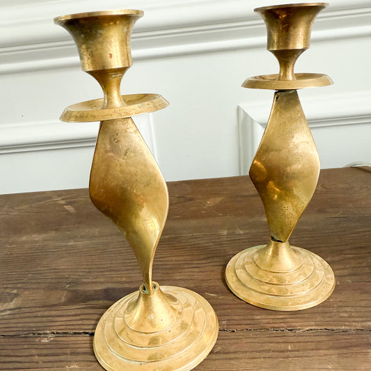 Mid Century Vintage Twist Brass Patina Candle Holders 1970’s
