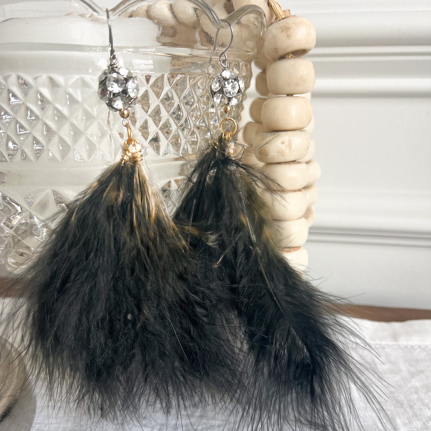 Eden Vintage Crystal Black Maribu Feather Earrings - BelleStyle