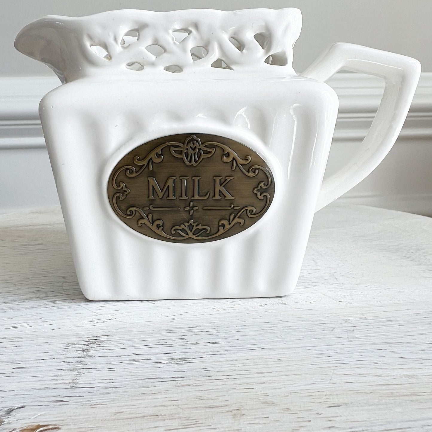 Brass Bee White Ceramic Vintage Milk Pitcher