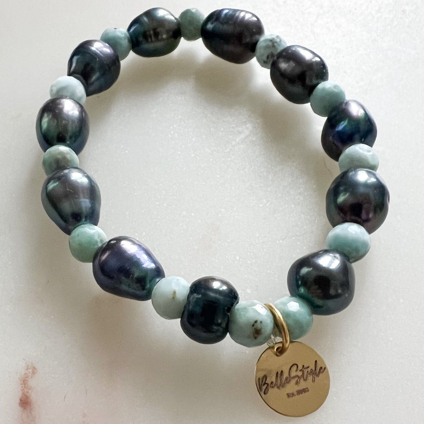 Larimar Black Freshwater Pearl Bracelet