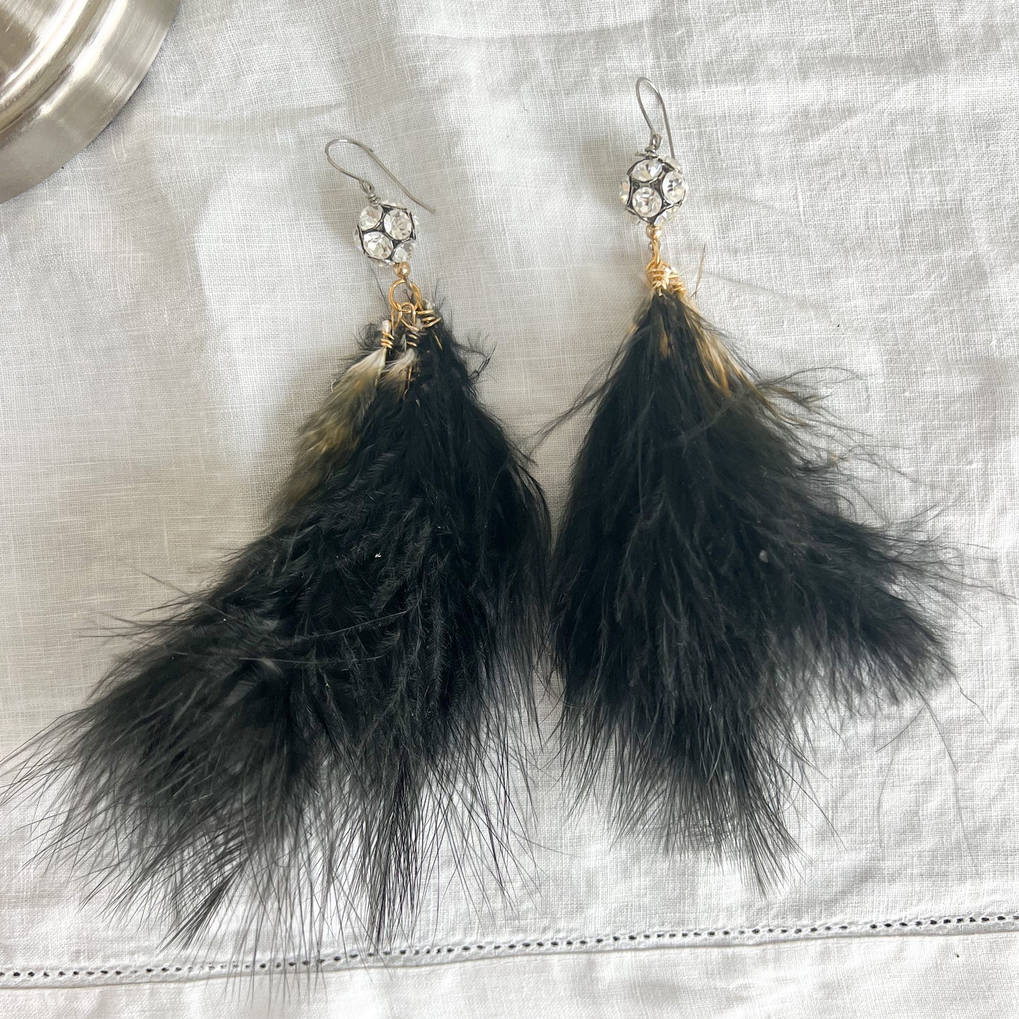 Eden Vintage Crystal Black Maribu Feather Earrings - BelleStyle