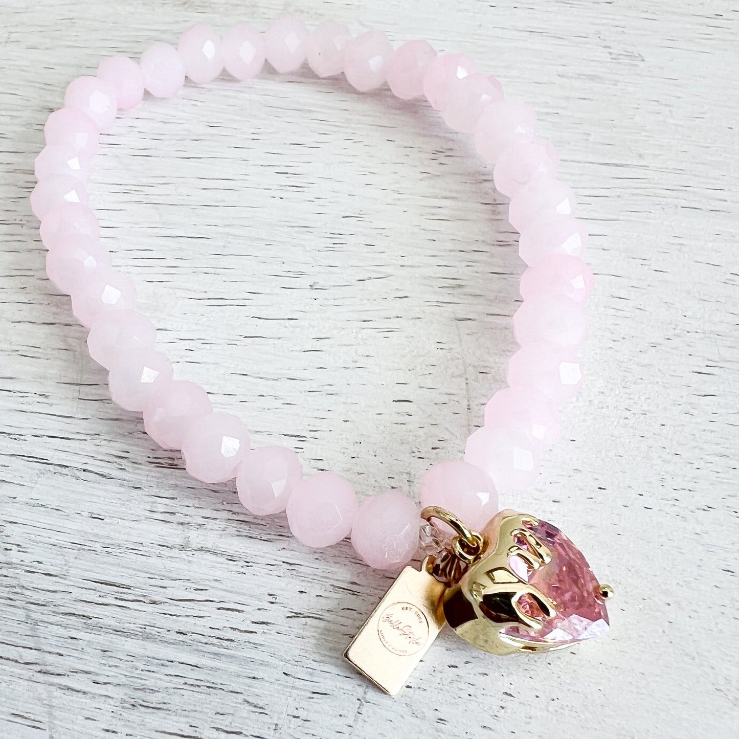 Drippy Strawberry Charm Rose Quartz 14KTGF Bracelet
