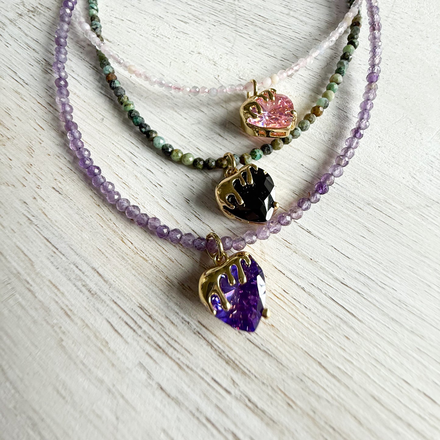 Drippy Strawberry Gold Charm Semi- Precious Stone Necklace