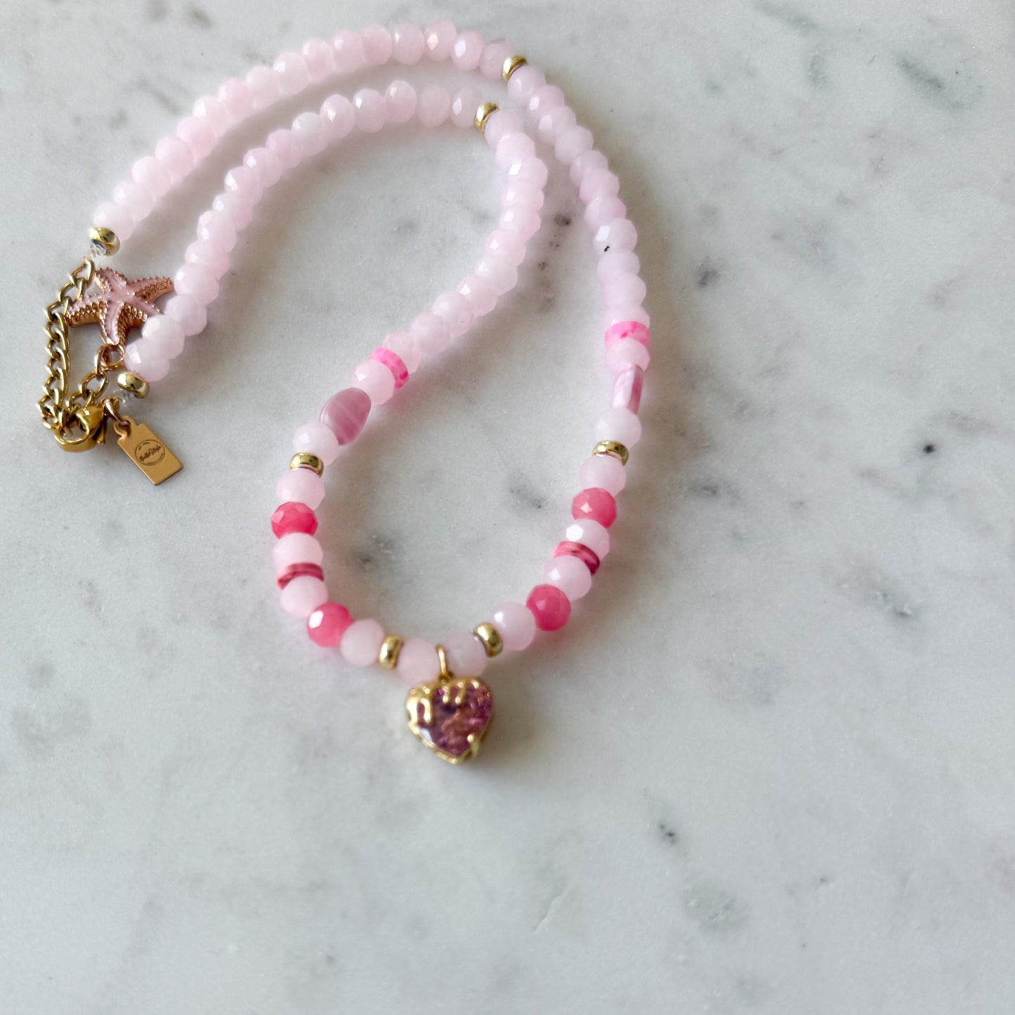 Drippy Pink Crystal Heart Charm Rose Quartz Necklace