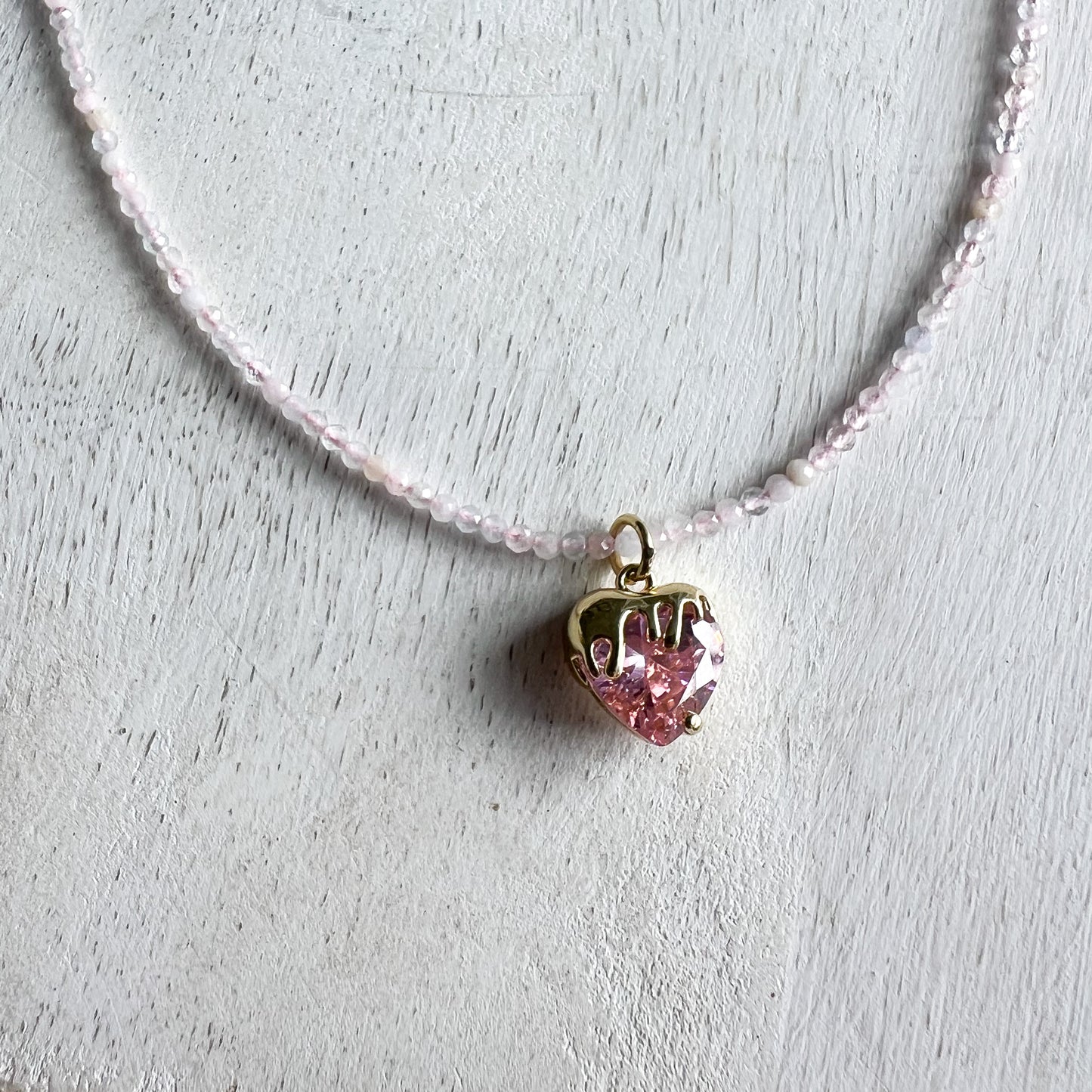 Drippy Strawberry Gold Charm Rose Quartz Necklace