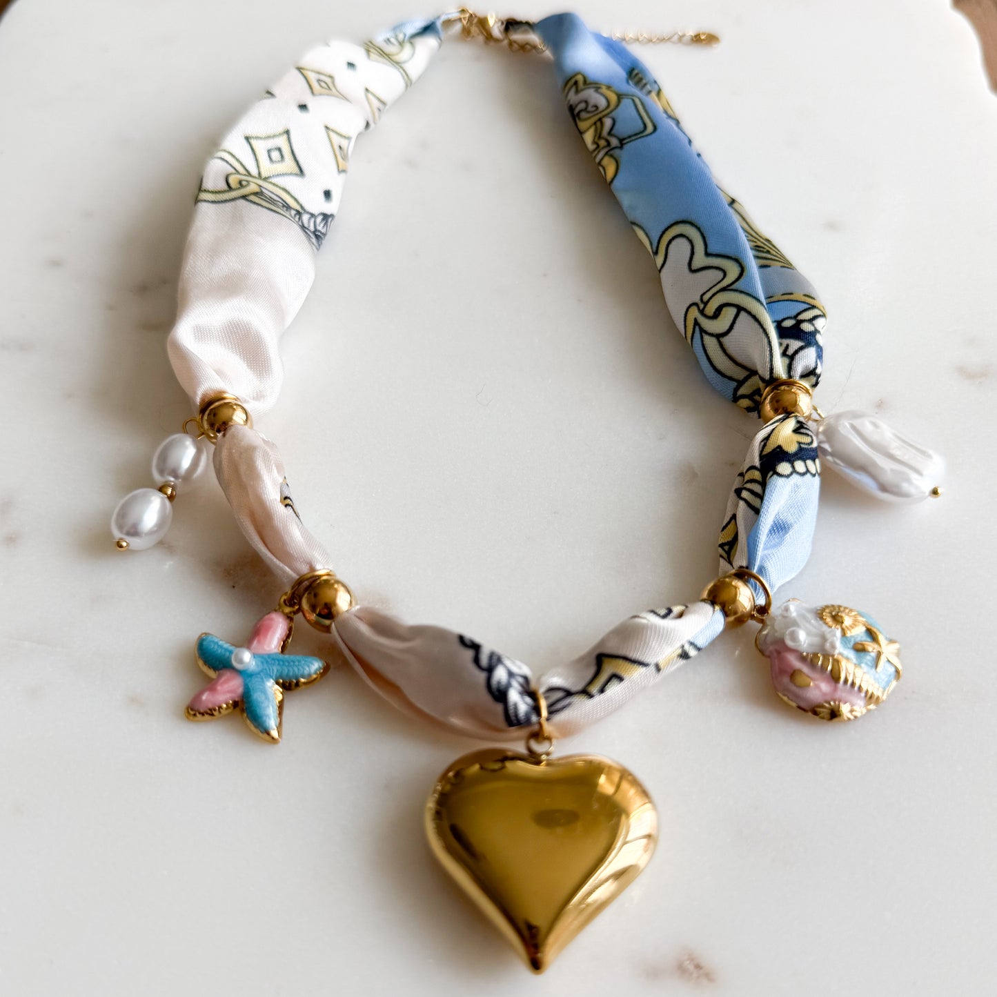 Paisley Puff Gold Heart Charm Bandana Necklace