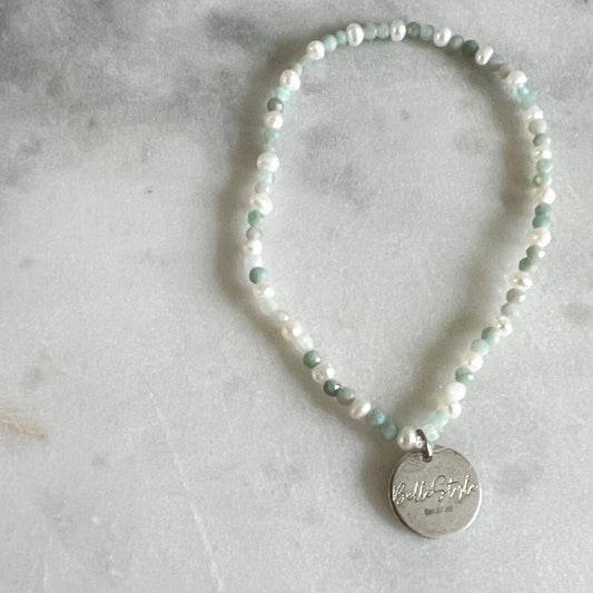 Micro Larimar Freshwater Pearl Logo Bracelet - BelleStyle