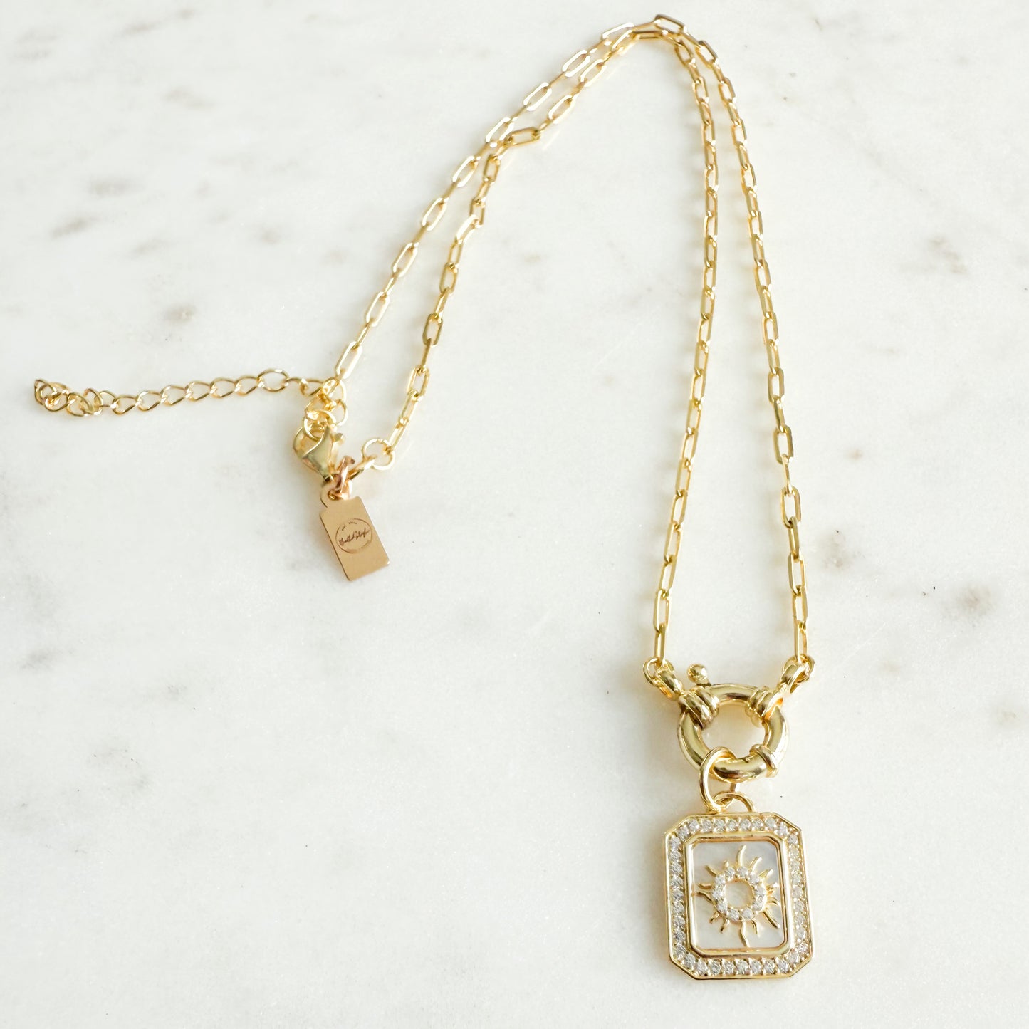 Solar Gold Mother of Pearl Cubic Zirconia Pave Necklace - BelleStyle