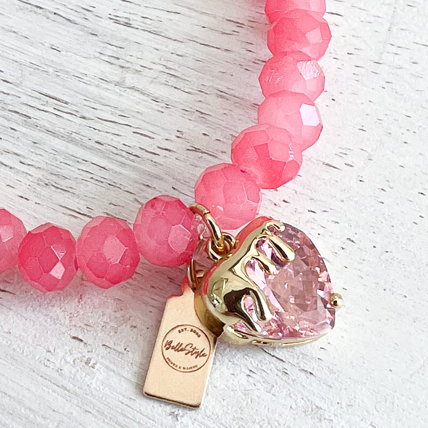 Drippy Strawberry Charm Rose Quartz 14KTGF Bracelet