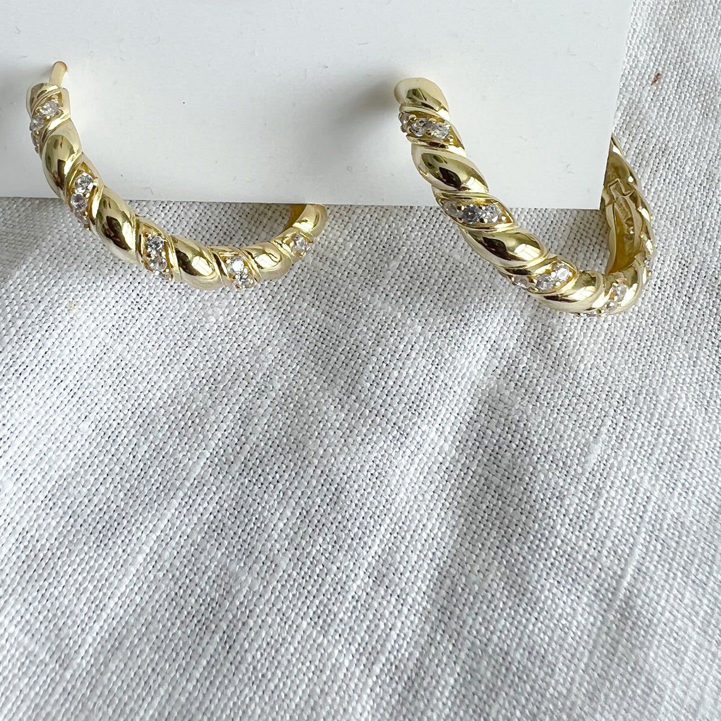 Hepburn Gold Twist Design Pave Crystal Medium Hoop Earrings - BelleStyle
