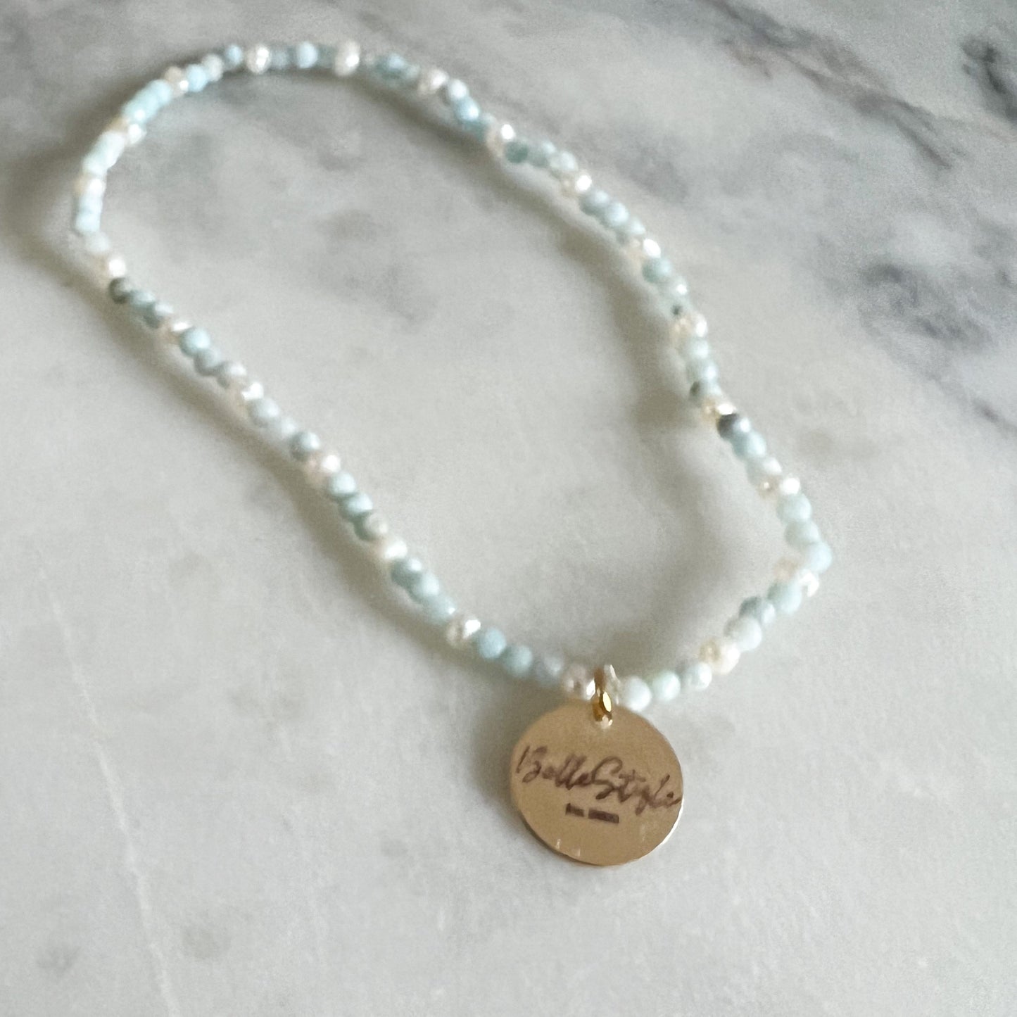 Micro Larimar Freshwater Pearl Logo Bracelet - BelleStyle