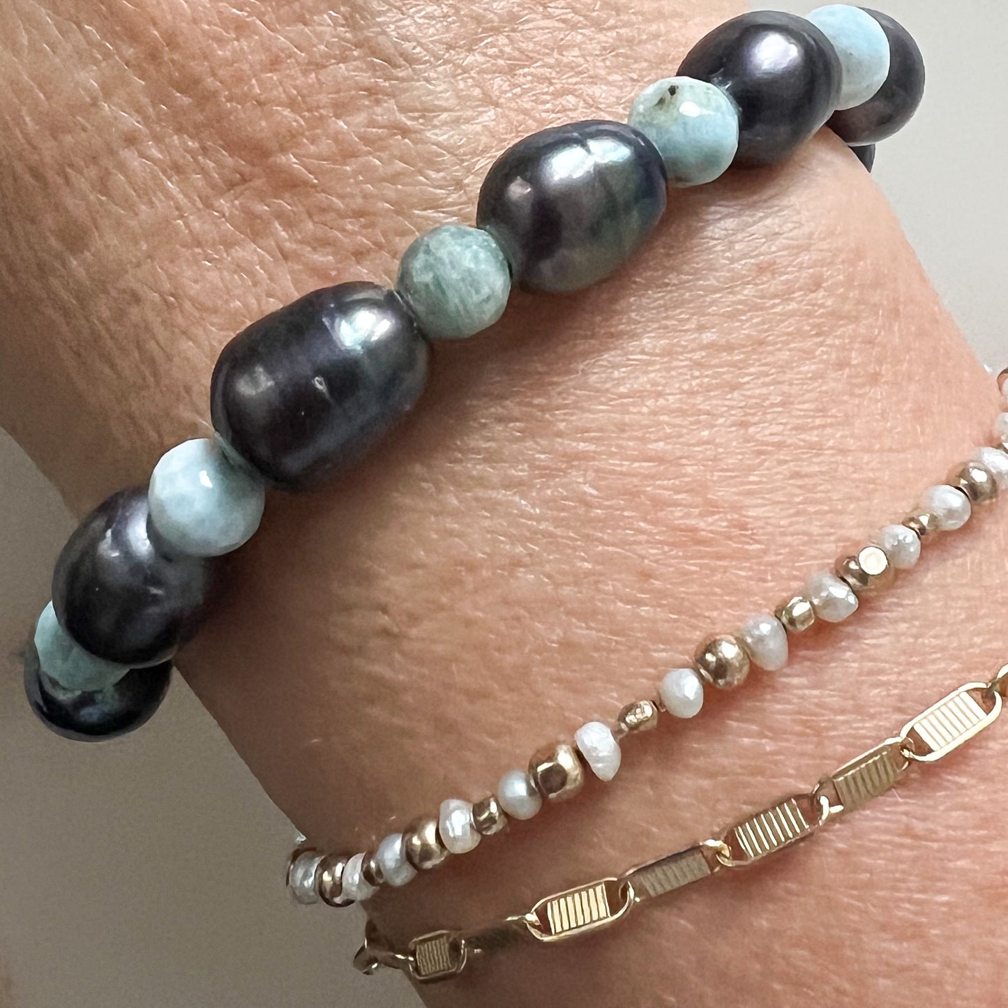 Larimar Black Freshwater Pearl Bracelet