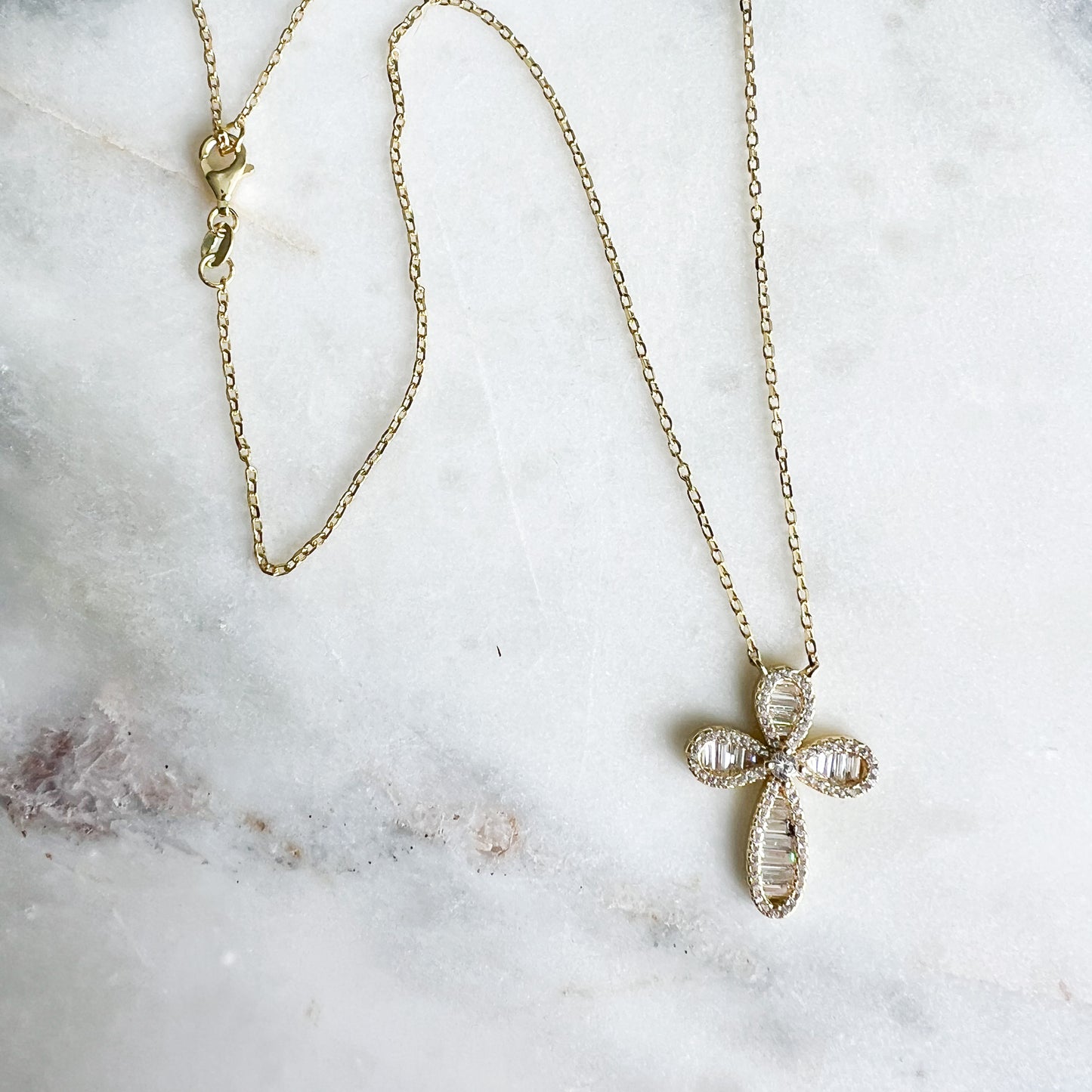 Round Cross Gold 925 Pave Crystal Cubic Zirconia Necklace