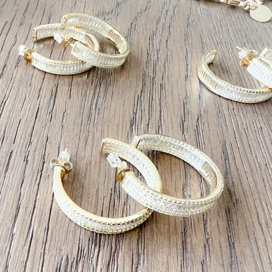Brynlee Baguette Crystal Gold Hoop Post Earrings - BelleStyle