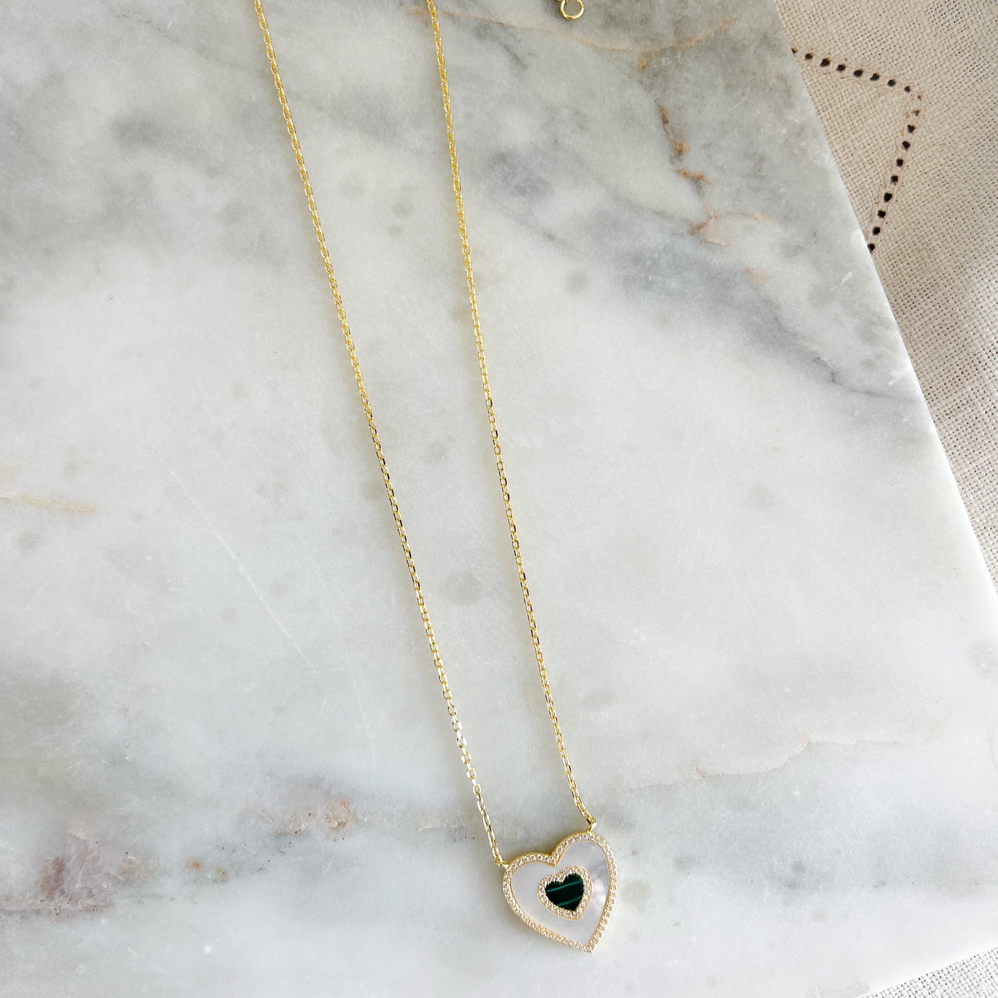 Mother of Pearl Marcasite Heart Charm Gold Necklace - BelleStyle