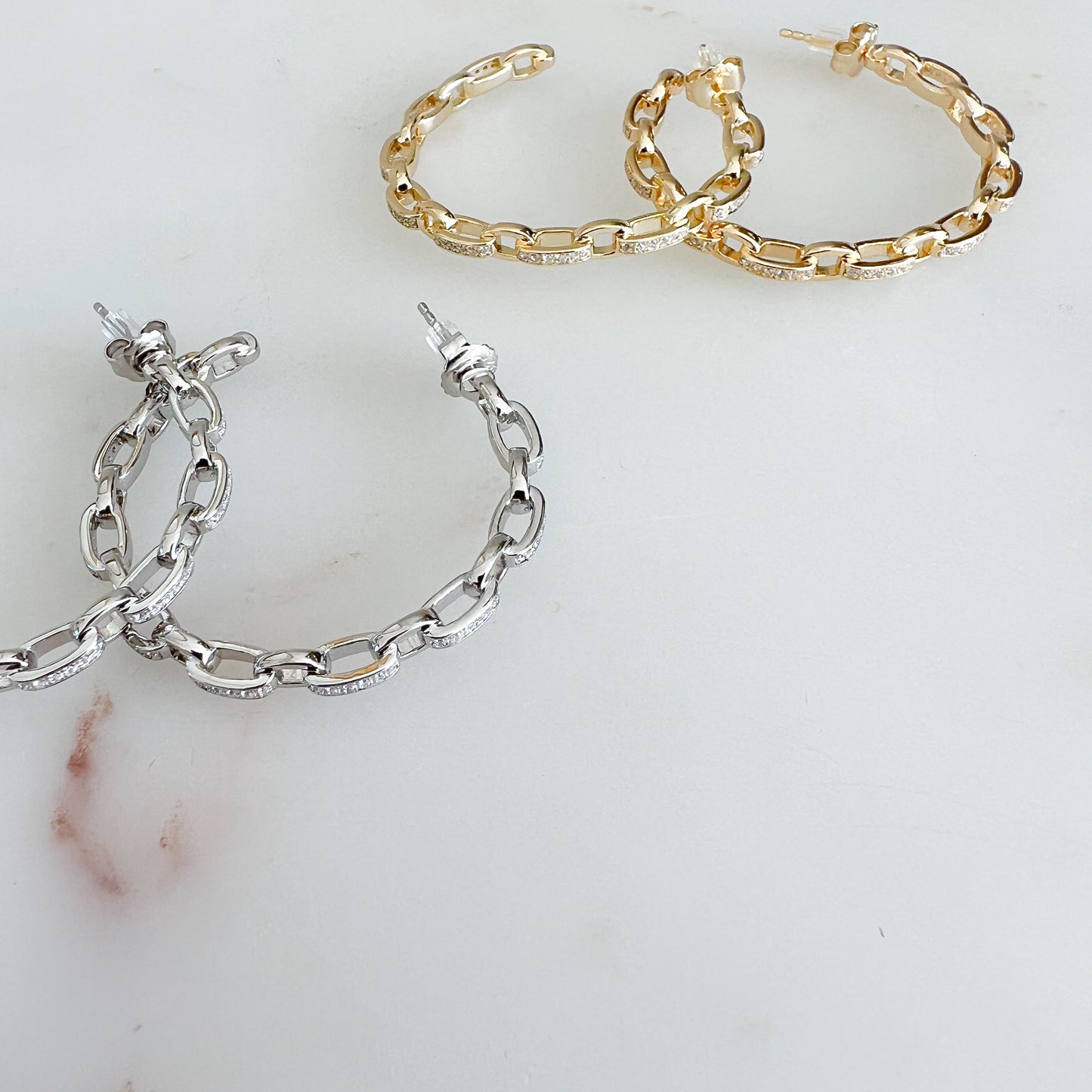 Pave Crystal ChainLink Hoop 925 Post Earrings - BelleStyle