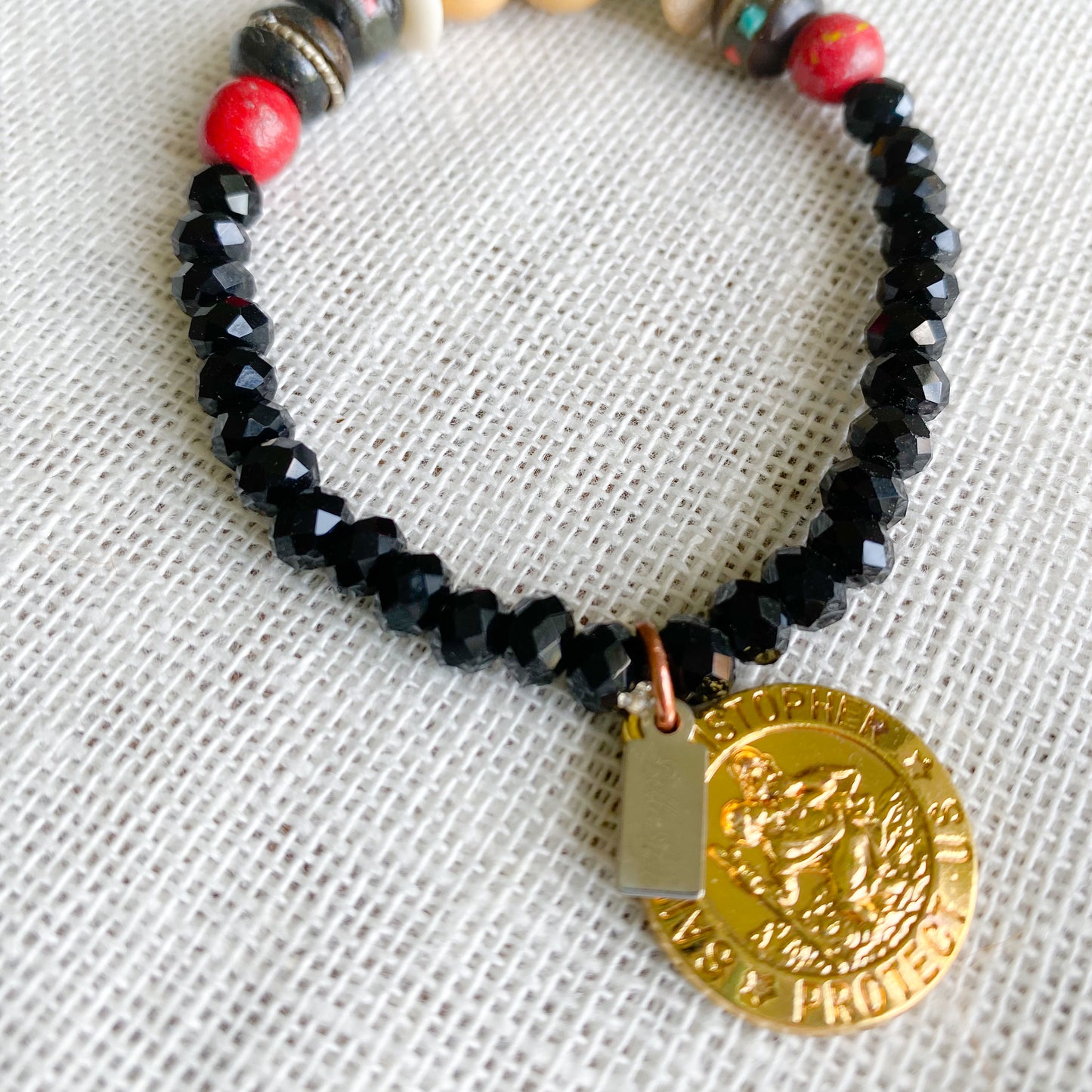 St. Christopher Rosewood Prayer Bead Crystal Bracelet - BelleStyle