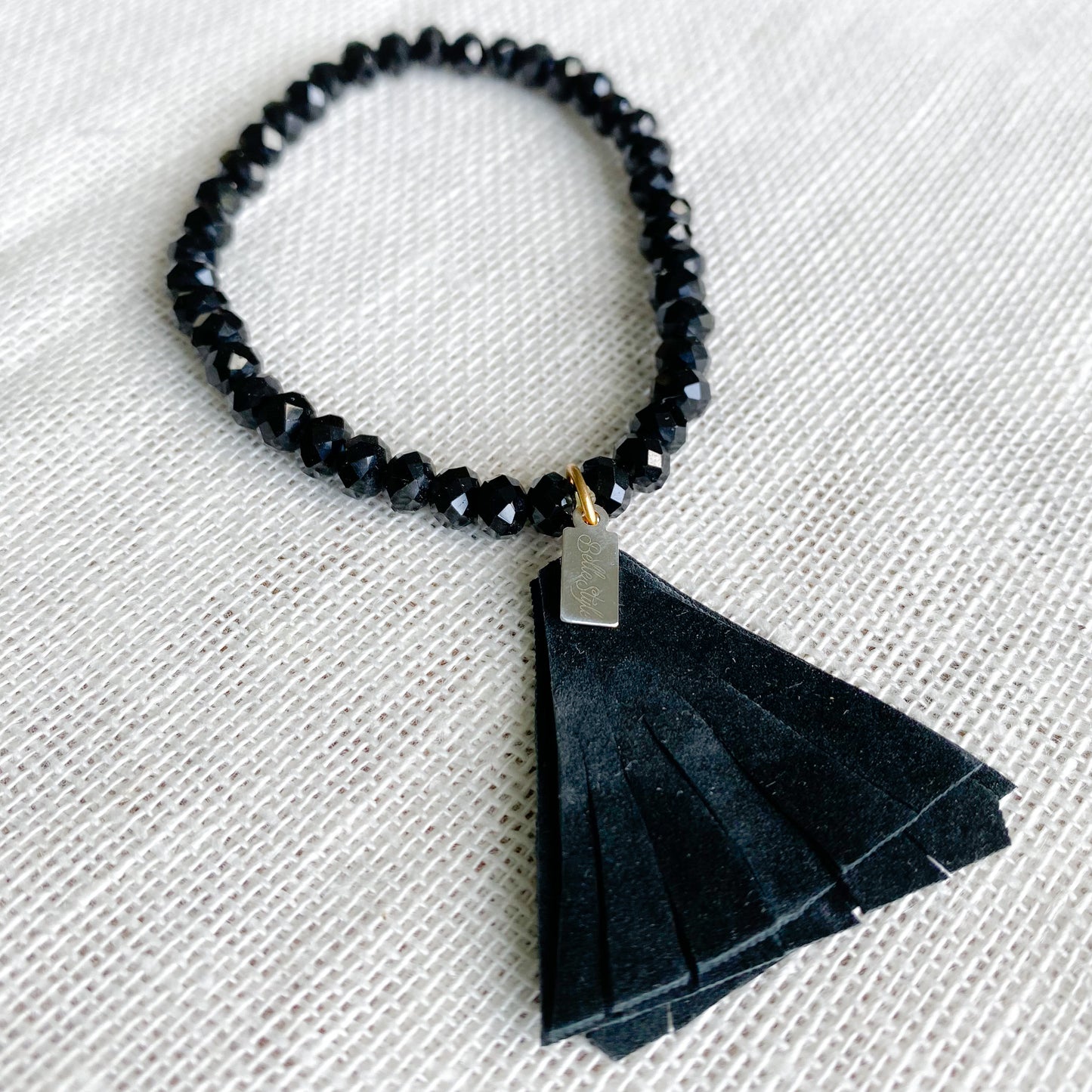 Black Crystal Leather Tassel Bracelet - BelleStyle