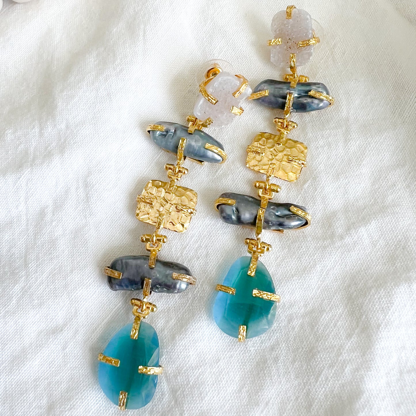 Marine Freshwater Pearl Quartz Statement Earrings - BelleStyle
