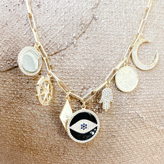 Protection Hamsa Crescent Charm Necklace