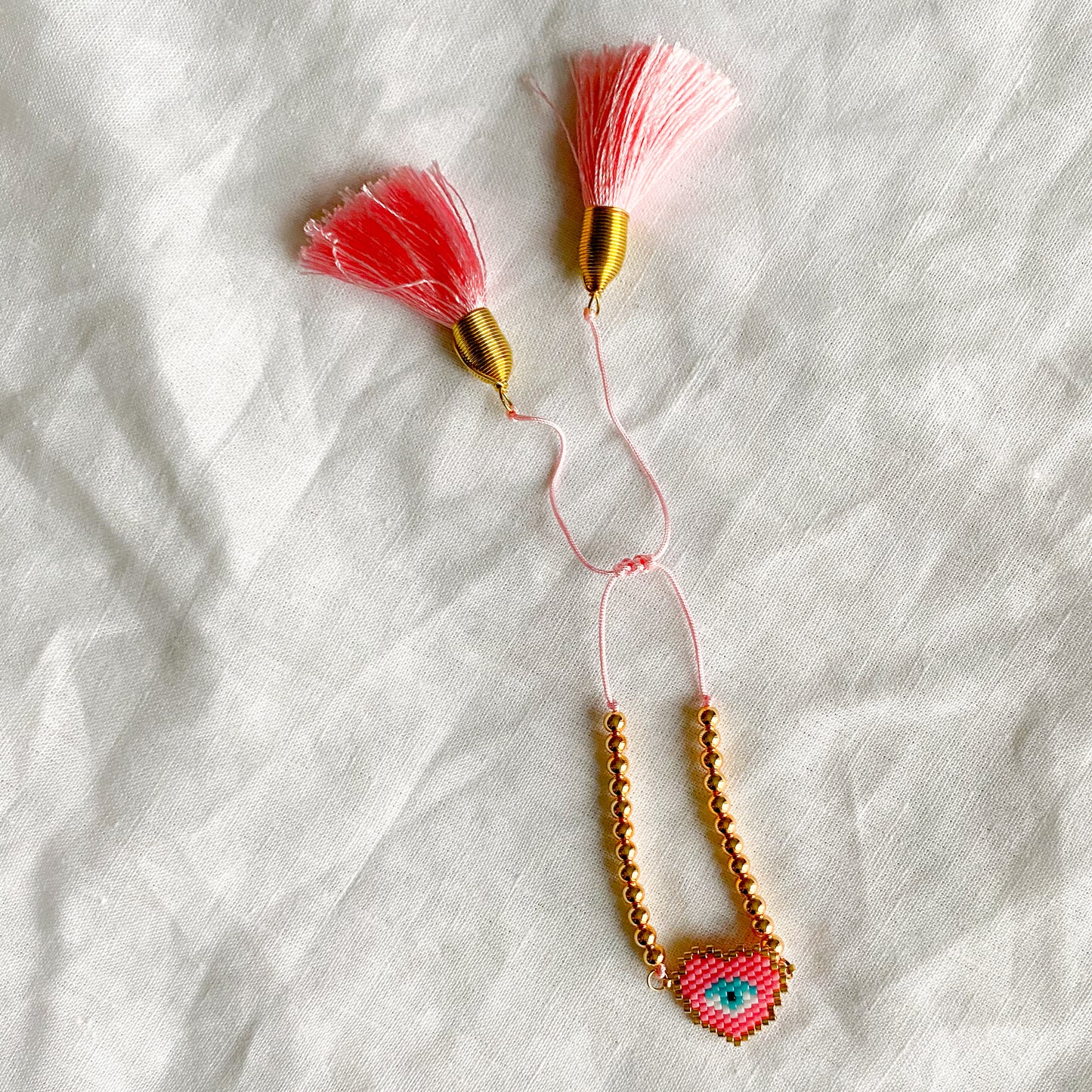 Heart Evil Eye Pink Tassel Bracelet - BelleStyle