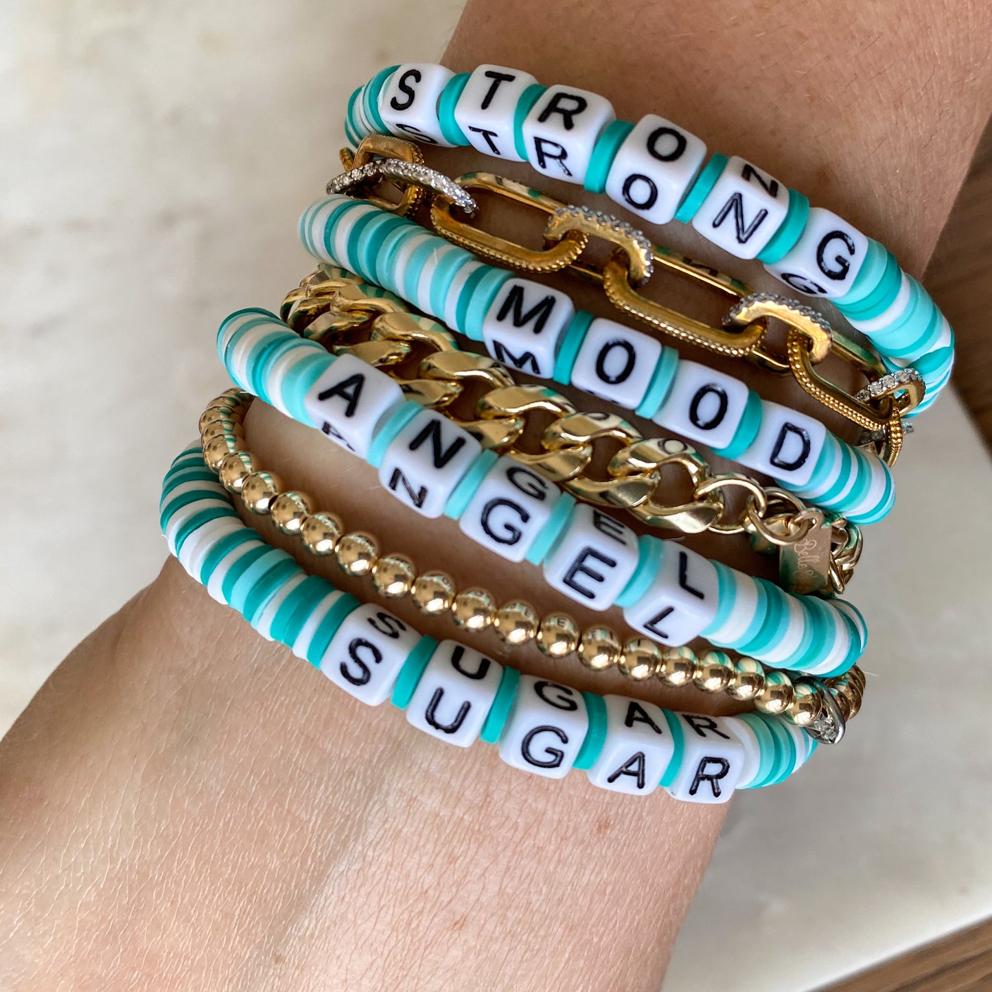 BelleStyle - Blueberry friendship Bracelet turquoise white polymer clay beads