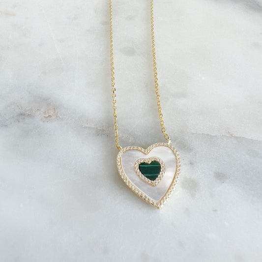 Mother of Pearl Marcasite Heart Charm Gold Necklace - BelleStyle