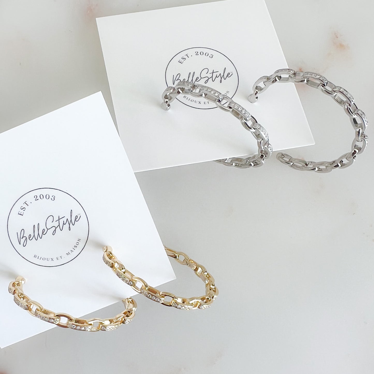Pave Crystal ChainLink Hoop 925 Post Earrings - BelleStyle