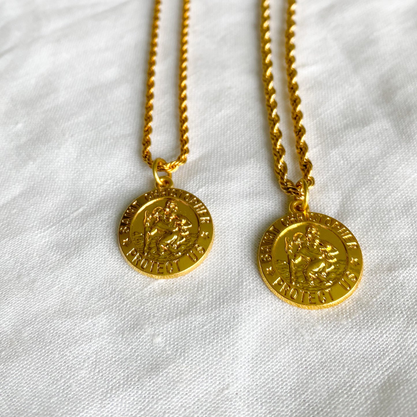 Bellestyle St. Christopher stainless steel gold double rope charm necklace protect us unisex style