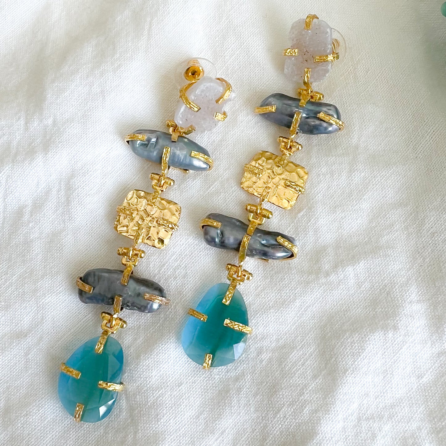 Marine Freshwater Pearl Quartz Statement Earrings - BelleStyle