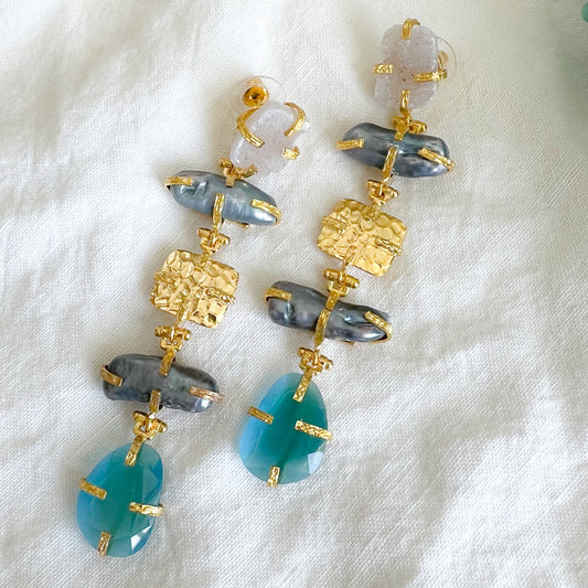 Marine Freshwater Pearl Quartz Statement Earrings - BelleStyle
