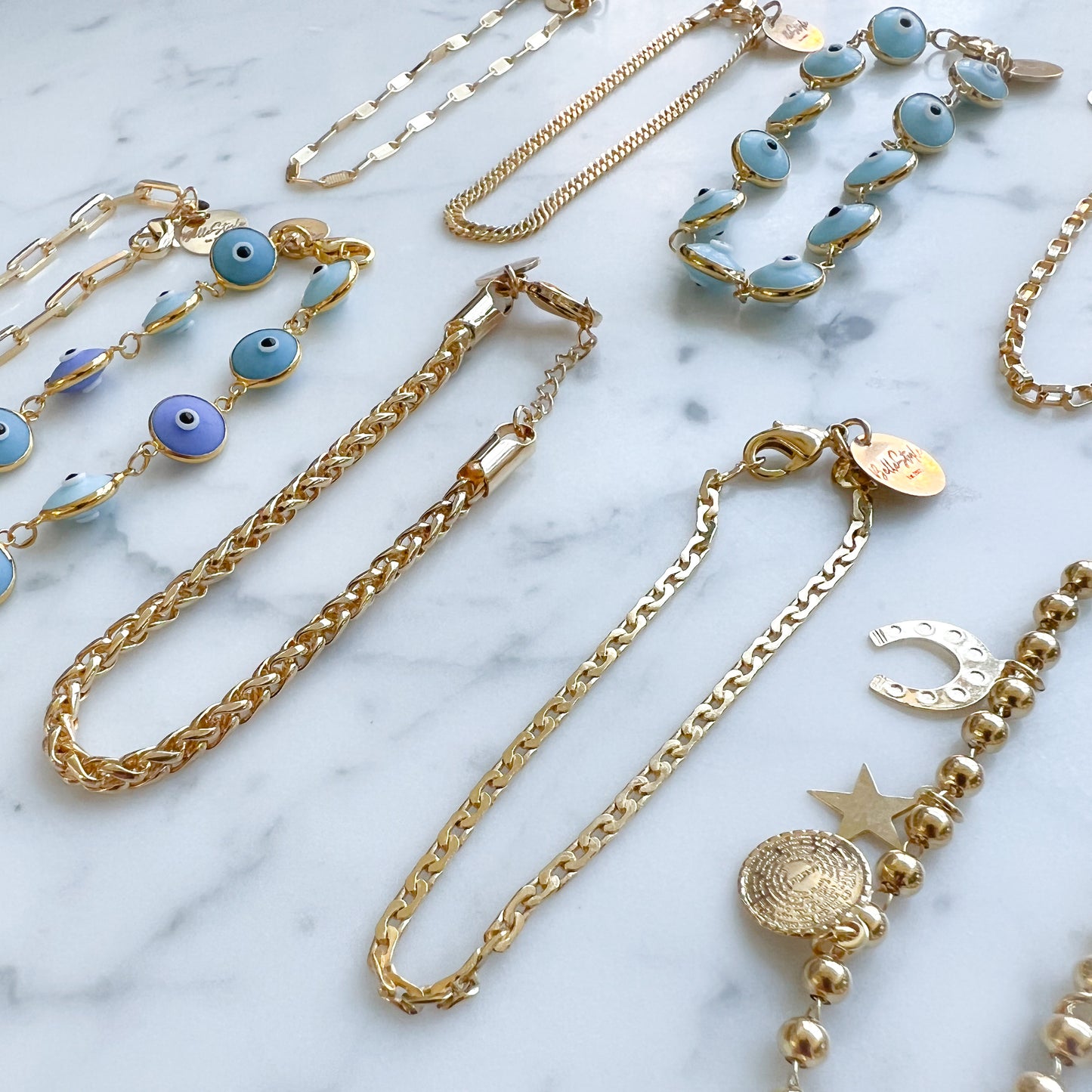 Evil Eye Hamsa Clover Star Gold Charm Ball Chain Bracelet - BelleStyle