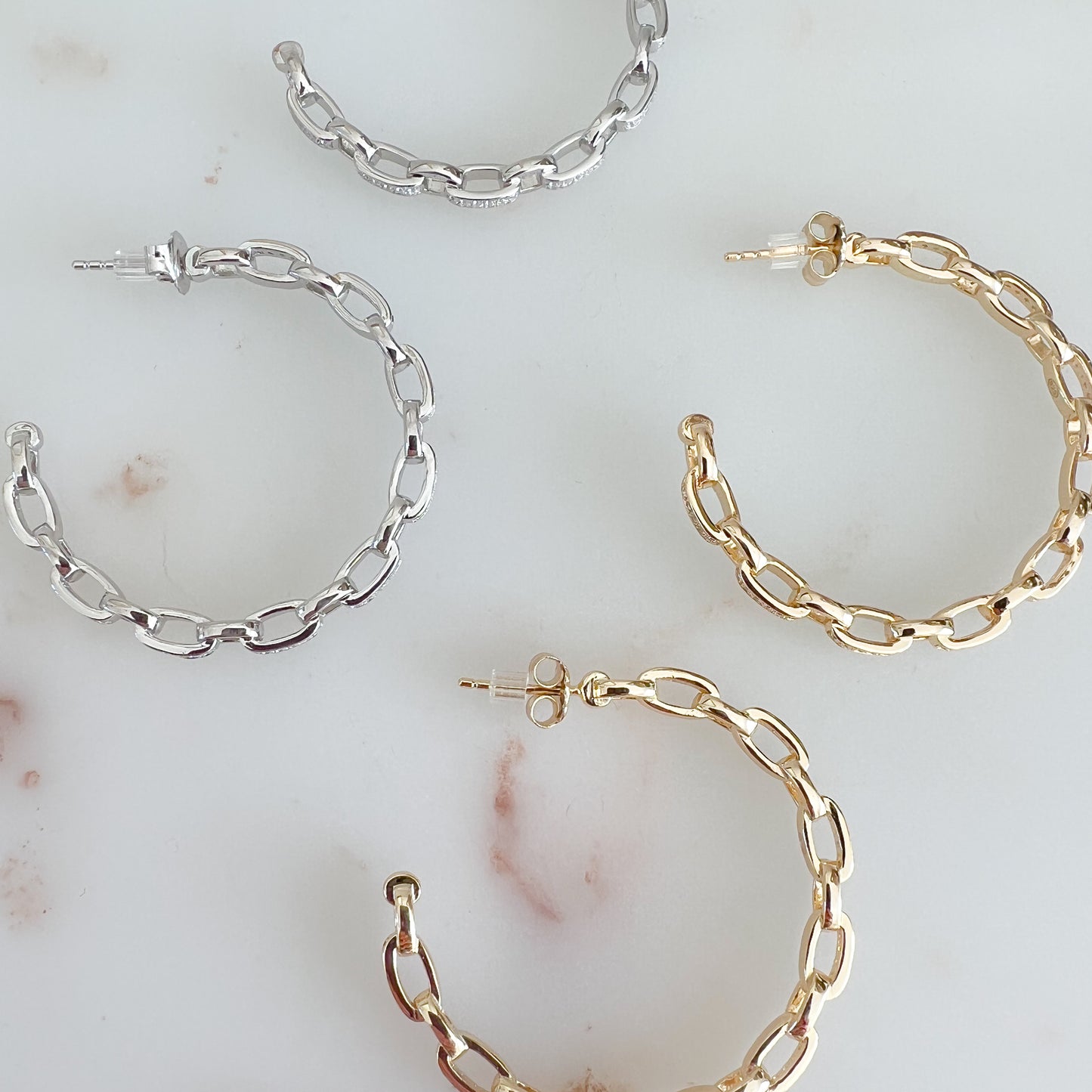 Pave Crystal ChainLink Hoop 925 Post Earrings - BelleStyle