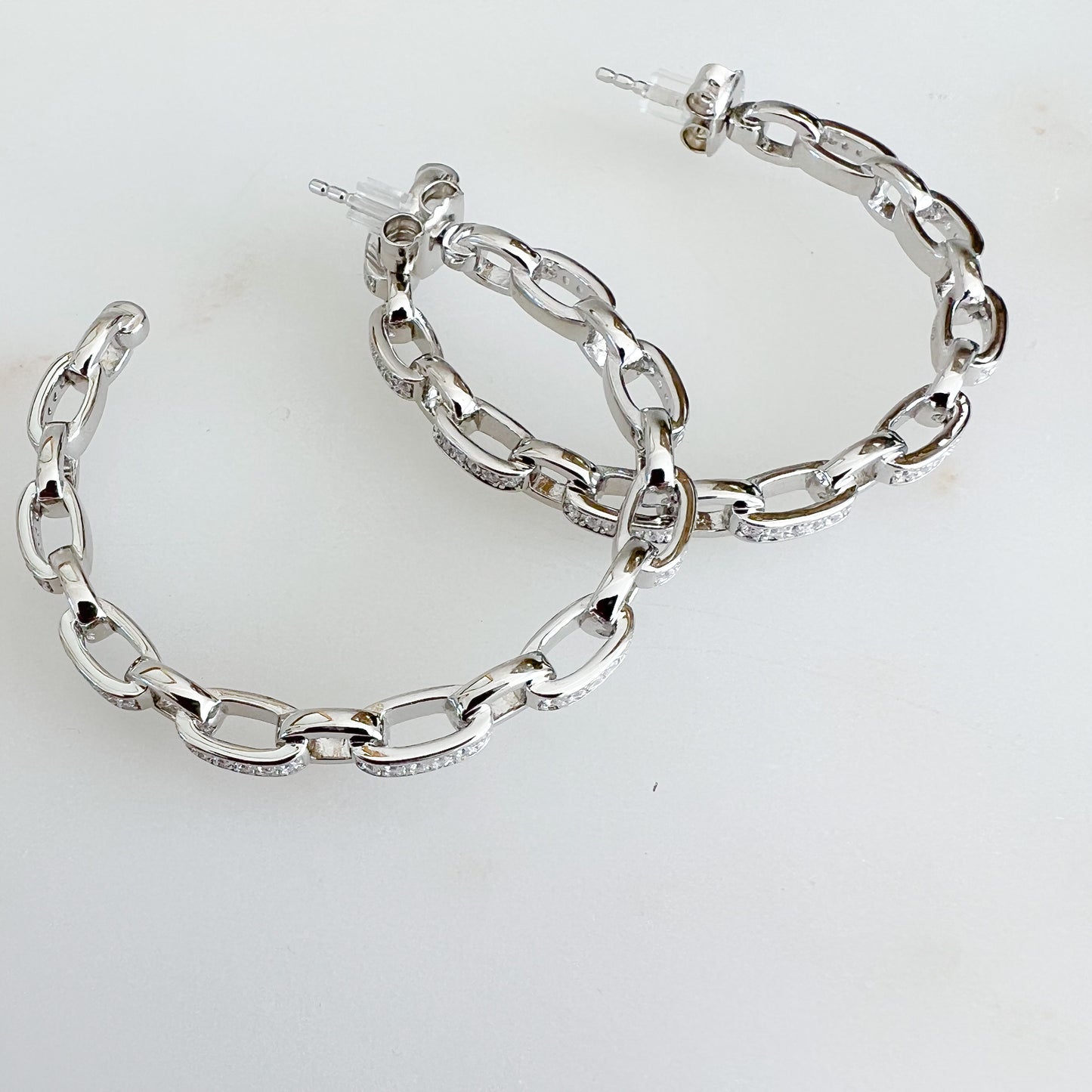 Pave Crystal ChainLink Hoop 925 Post Earrings - BelleStyle