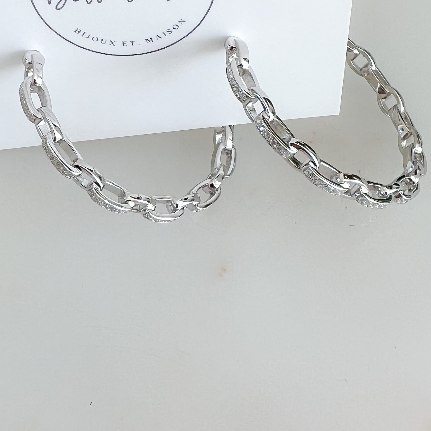 Pave Crystal ChainLink Hoop 925 Post Earrings - BelleStyle