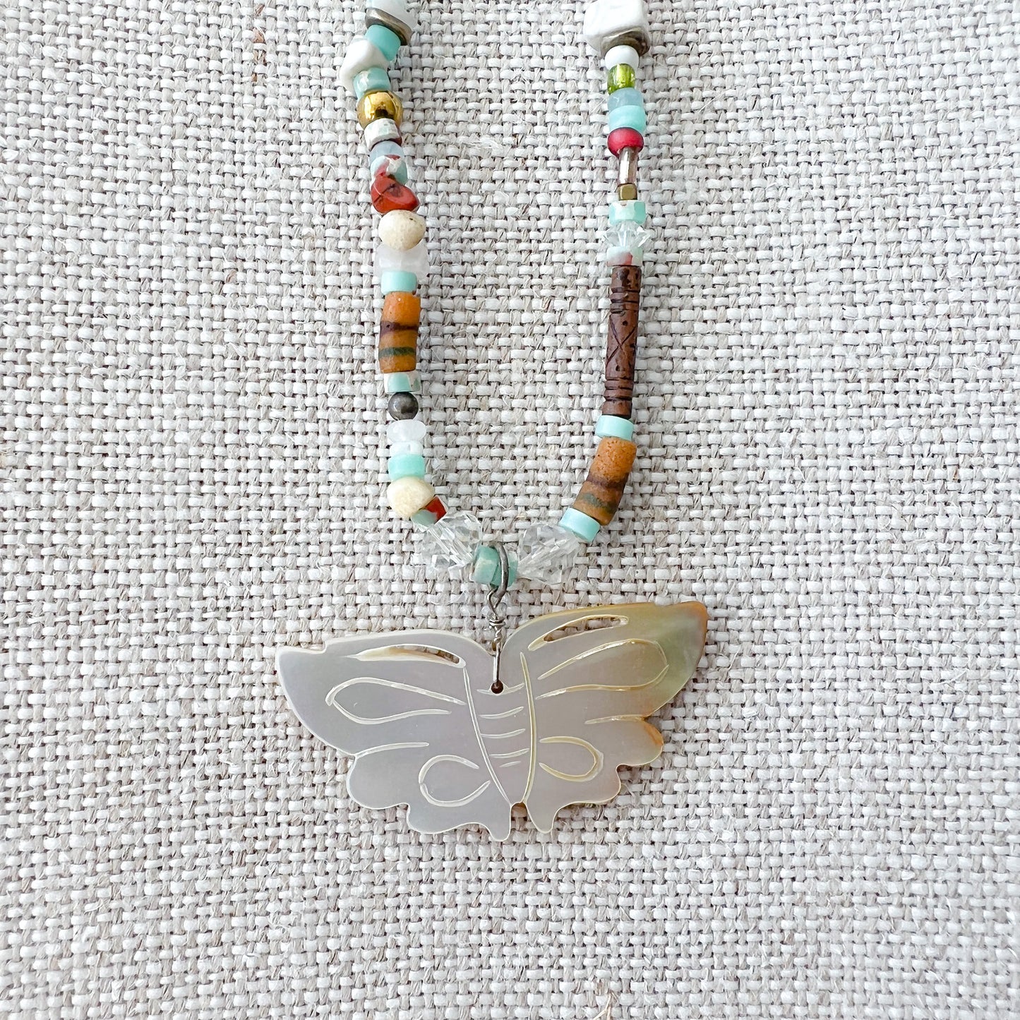 Mother of Pearl Vintage Butterfly Stone Necklace