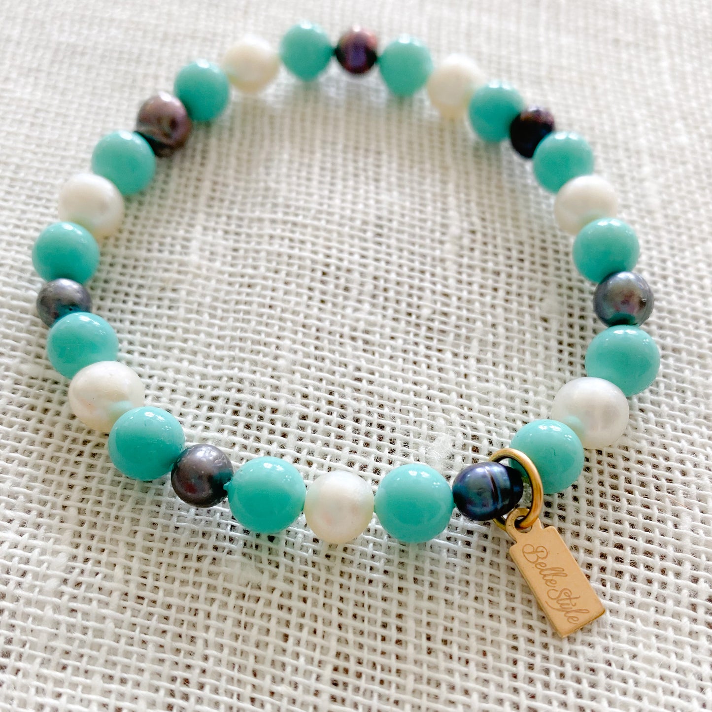 Didi Freshwater Pearl Bracelet - Bellestyle turquoise black white mother of pearl stretch